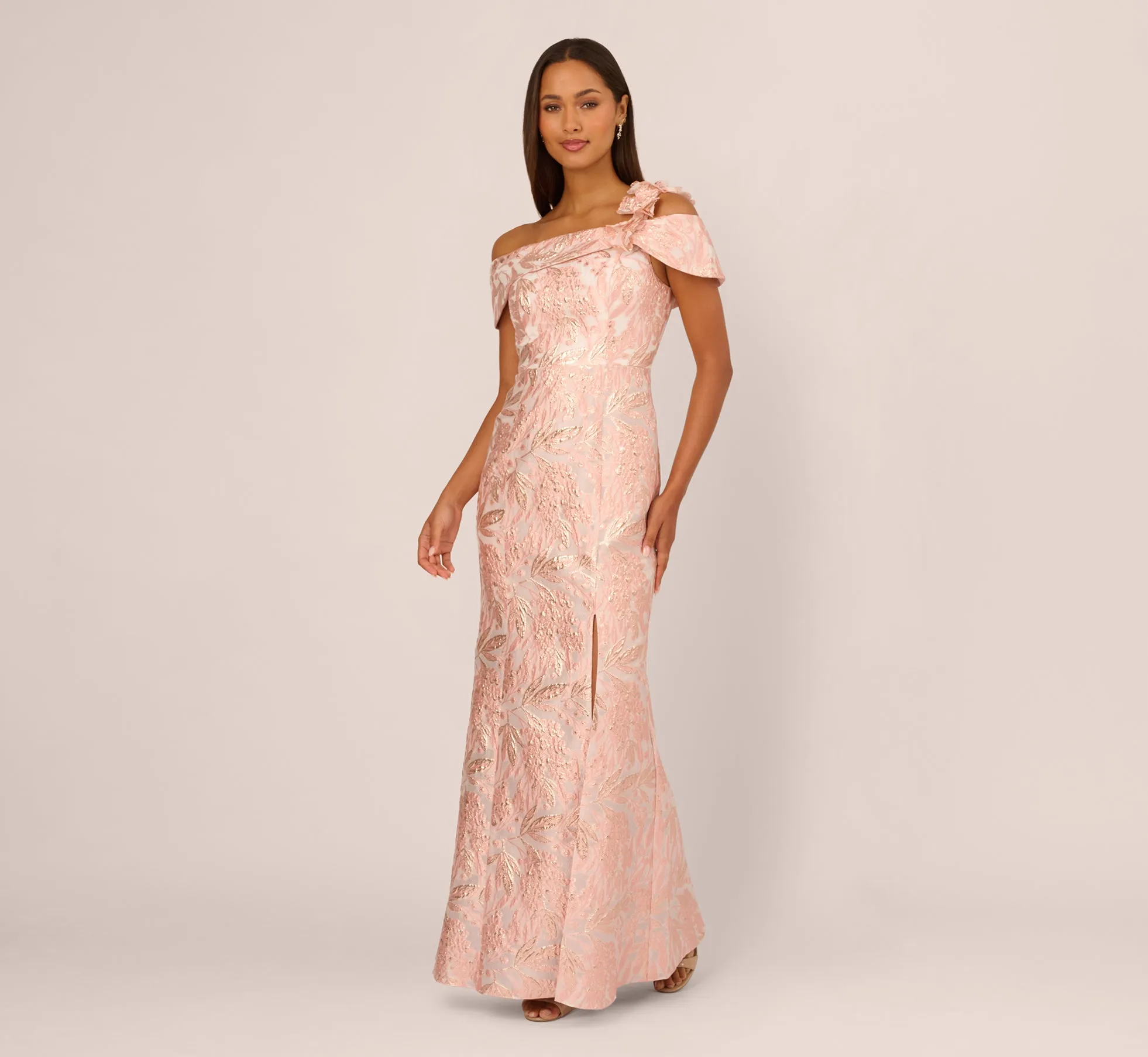 Off Shoulder 3D Floral Jacquard Gown In Blush sold by Adrianna Papell product image thumbnail 2
