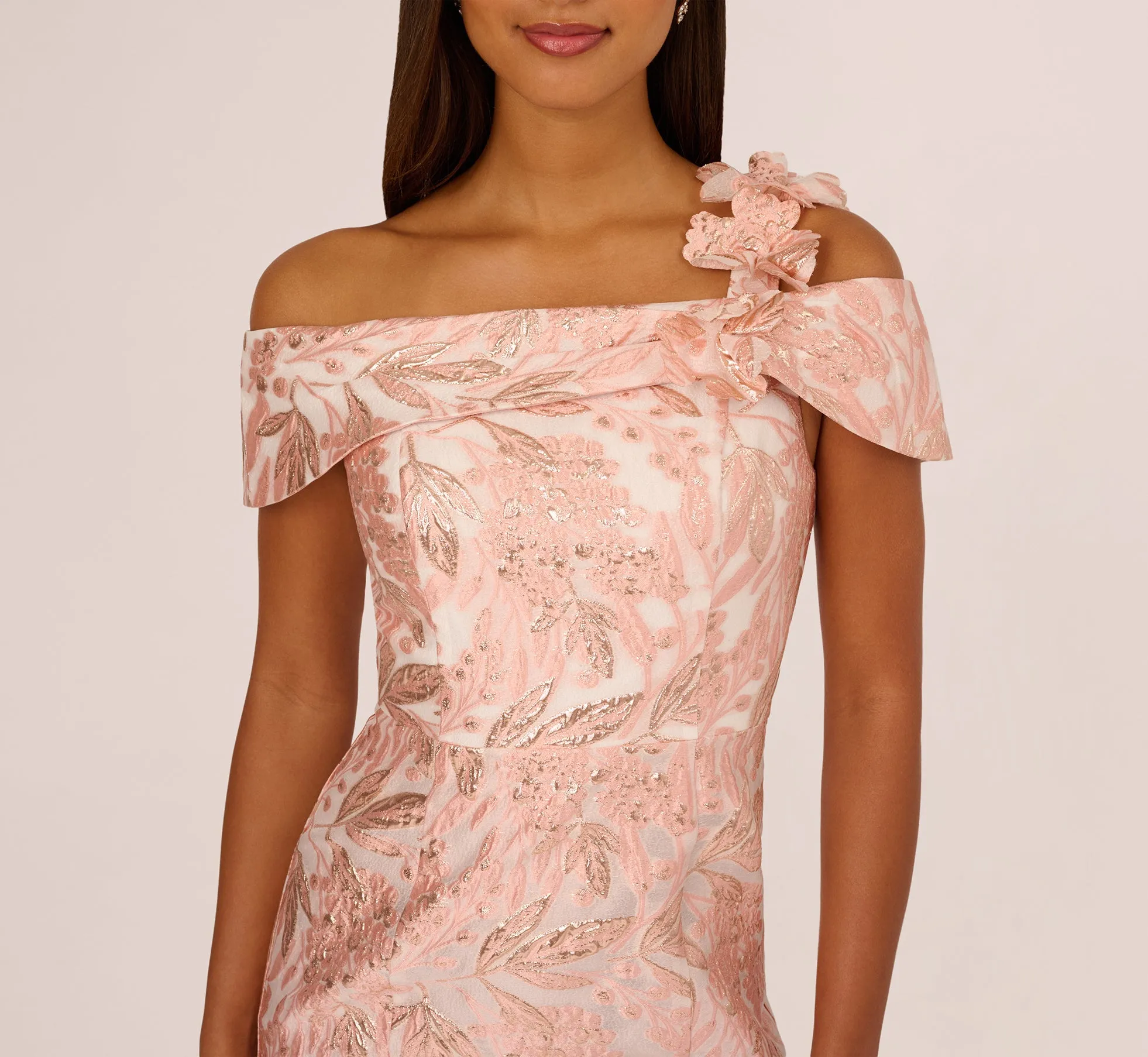 Off Shoulder 3D Floral Jacquard Gown In Blush sold by Adrianna Papell product image thumbnail 4