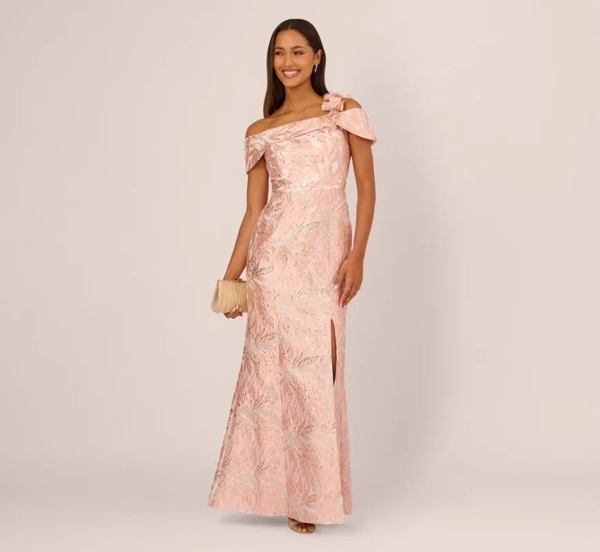 Off Shoulder 3D Floral Jacquard Gown In Blush sold by Adrianna Papell