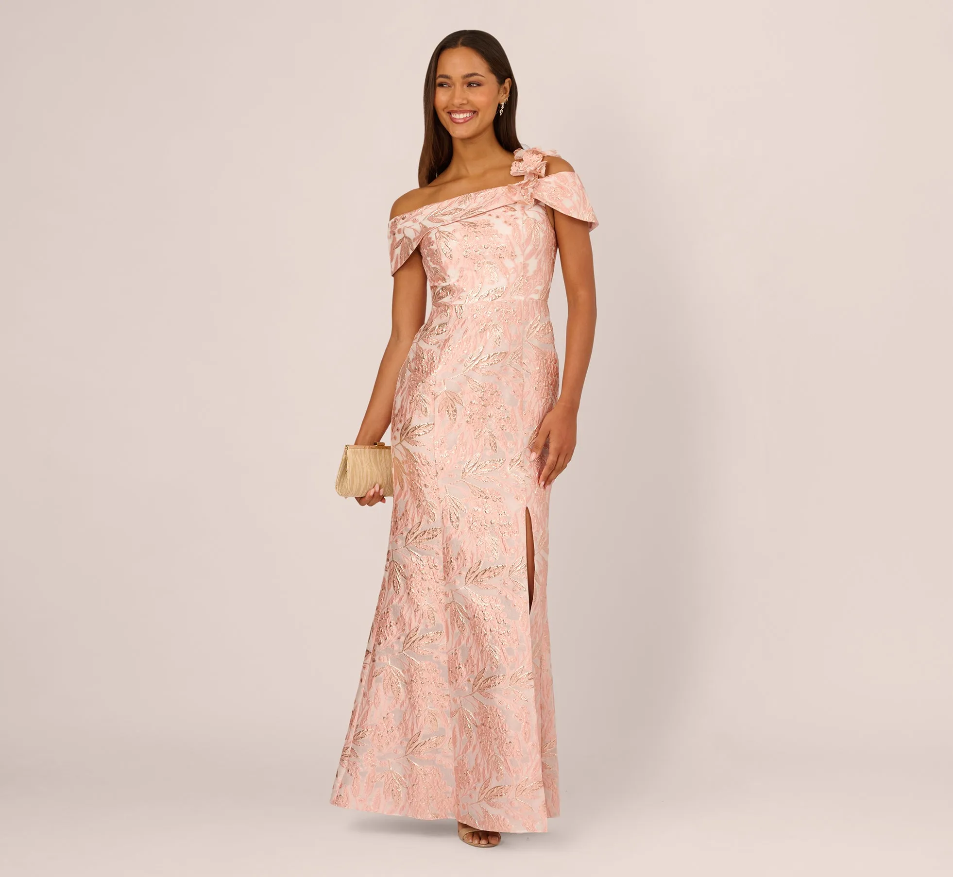 Off Shoulder 3D Floral Jacquard Gown In Blush sold by Adrianna Papell