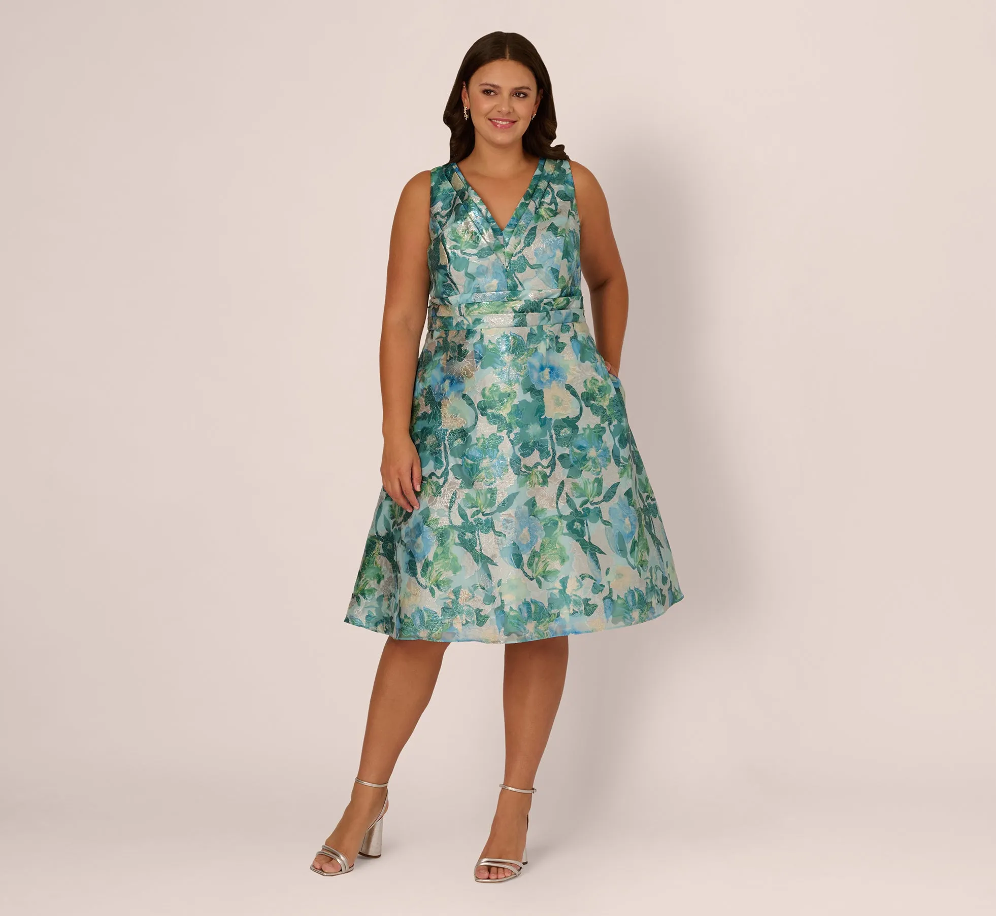 Plus Size Metallic Floral Jacquard Midi Dress In Blue Multi sold by Adrianna Papell product image thumbnail 2