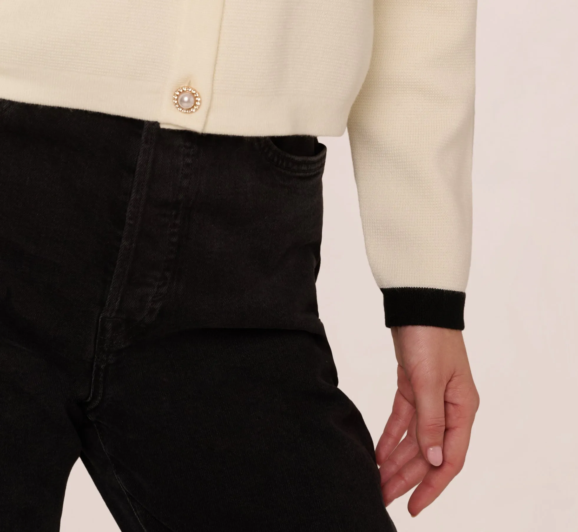 Long Sleeve Bow Collar Cardigan Sweater In Ivory Black sold by Adrianna Papell product image thumbnail 4