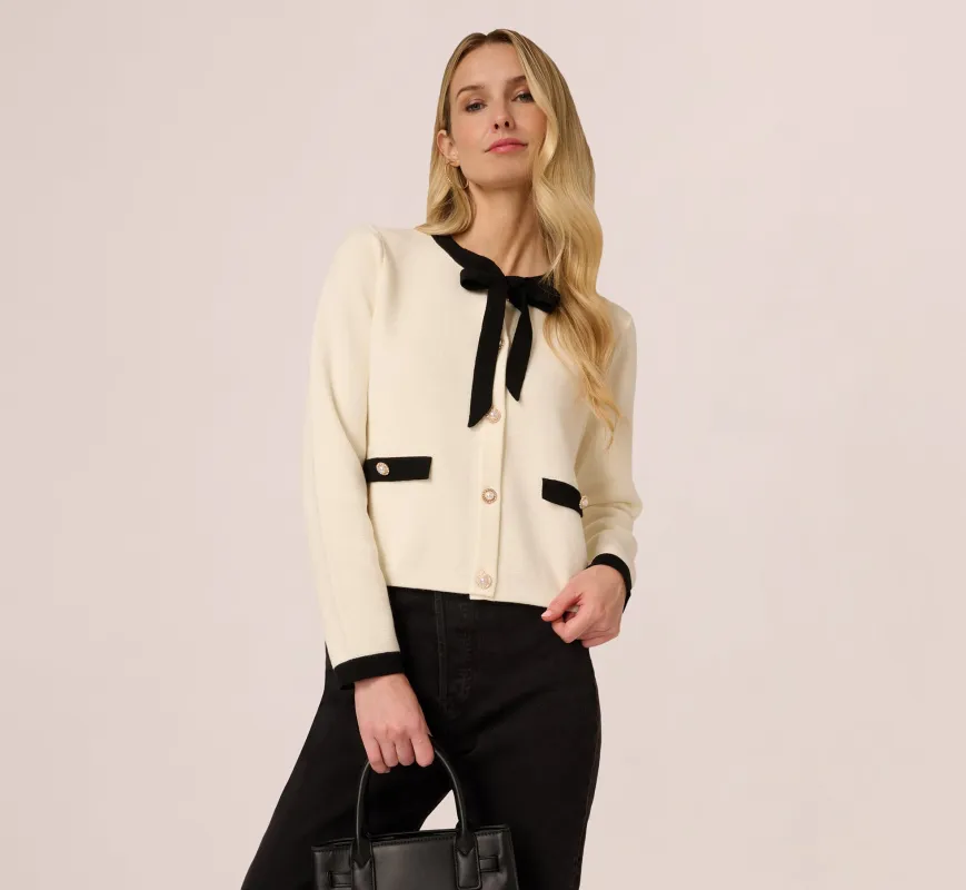 Long Sleeve Bow Collar Cardigan Sweater In Ivory Black sold by Adrianna Papell