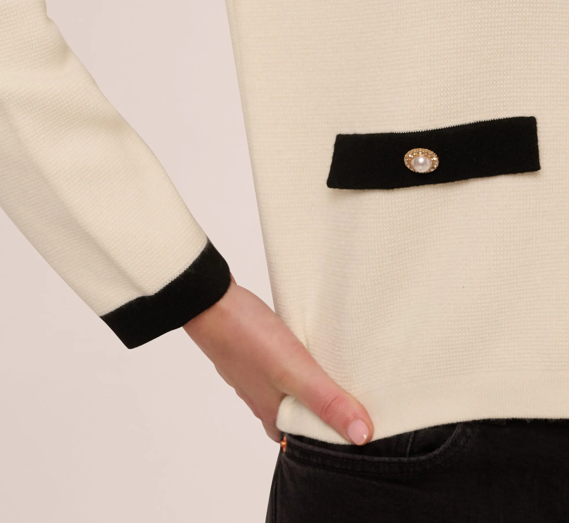 Long Sleeve Bow Collar Cardigan Sweater In Ivory Black sold by Adrianna Papell product image thumbnail 5