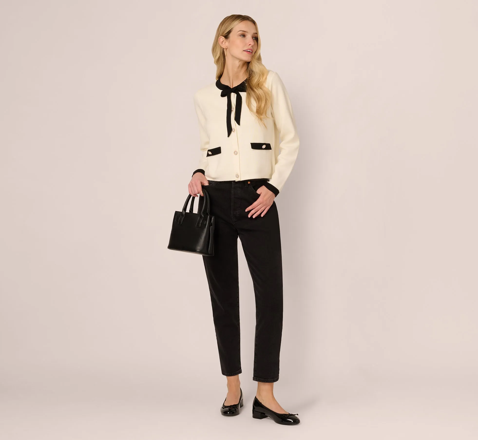 Long Sleeve Bow Collar Cardigan Sweater In Ivory Black sold by Adrianna Papell product image thumbnail 2
