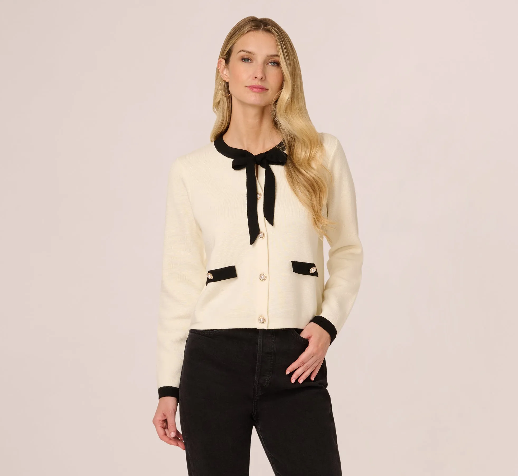 Long Sleeve Bow Collar Cardigan Sweater In Ivory Black sold by Adrianna Papell product image thumbnail 3