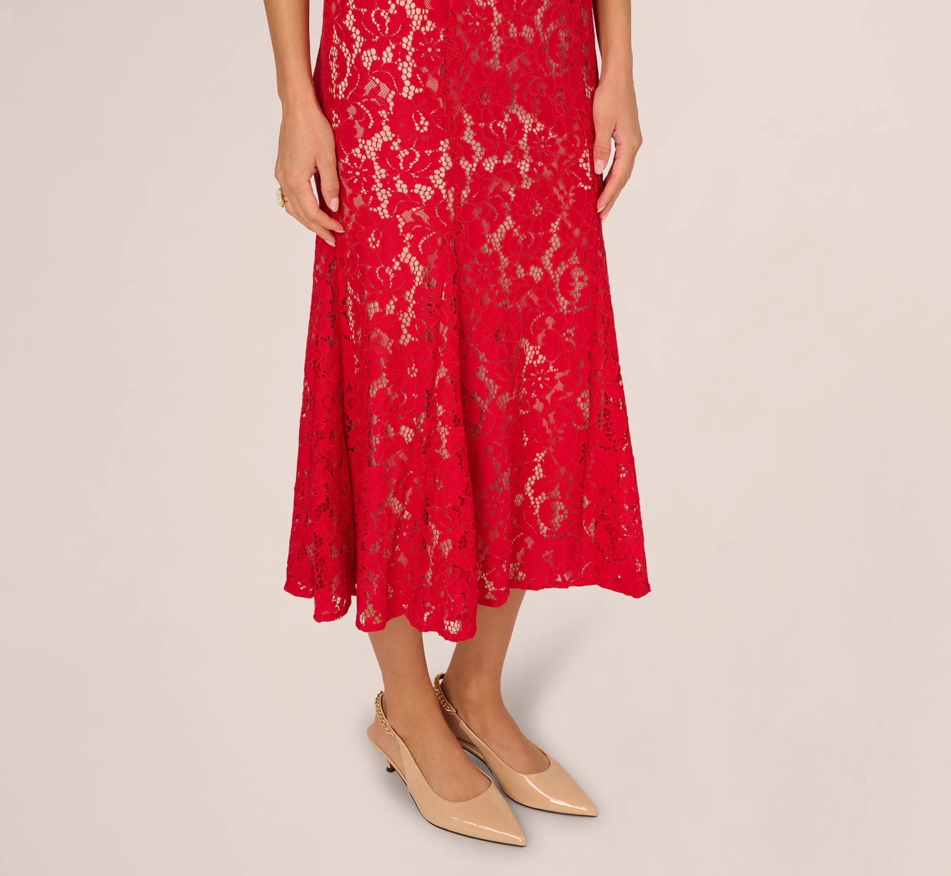 Cap Sleeve Lace Midi Dress In Red Nude sold by Adrianna Papell product image thumbnail 3