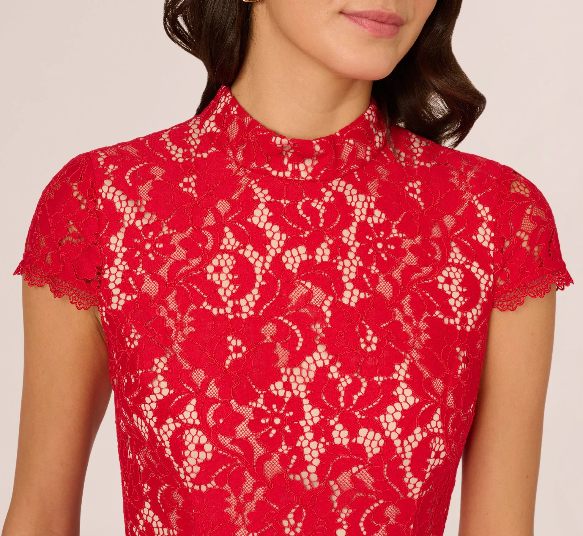Cap Sleeve Lace Midi Dress In Red Nude sold by Adrianna Papell product image thumbnail 4