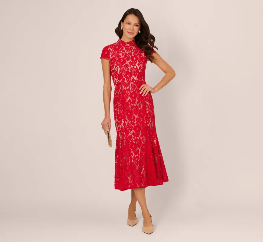 Cap Sleeve Lace Midi Dress In Red Nude sold by Adrianna Papell