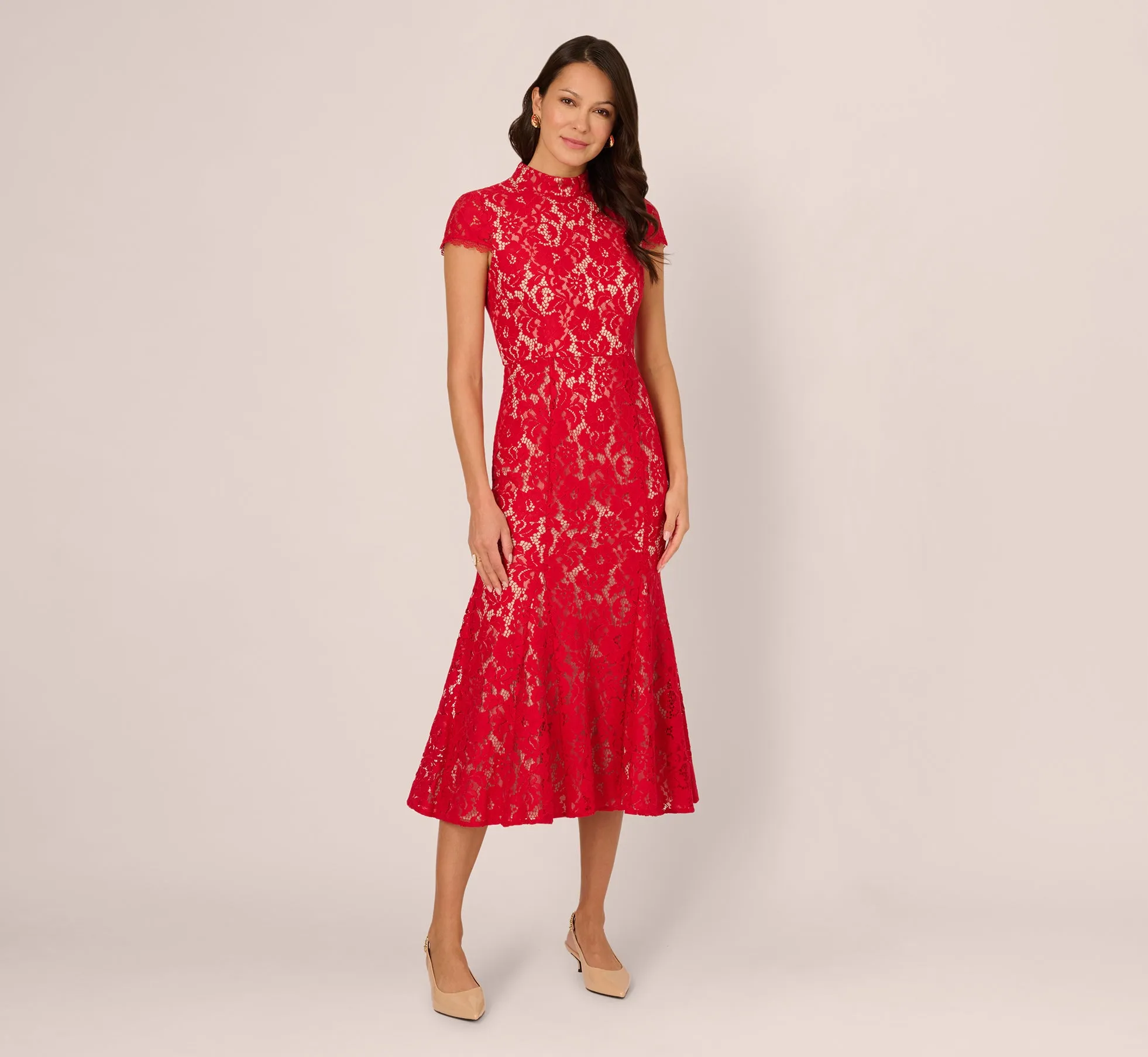 Cap Sleeve Lace Midi Dress In Red Nude sold by Adrianna Papell product image thumbnail 2