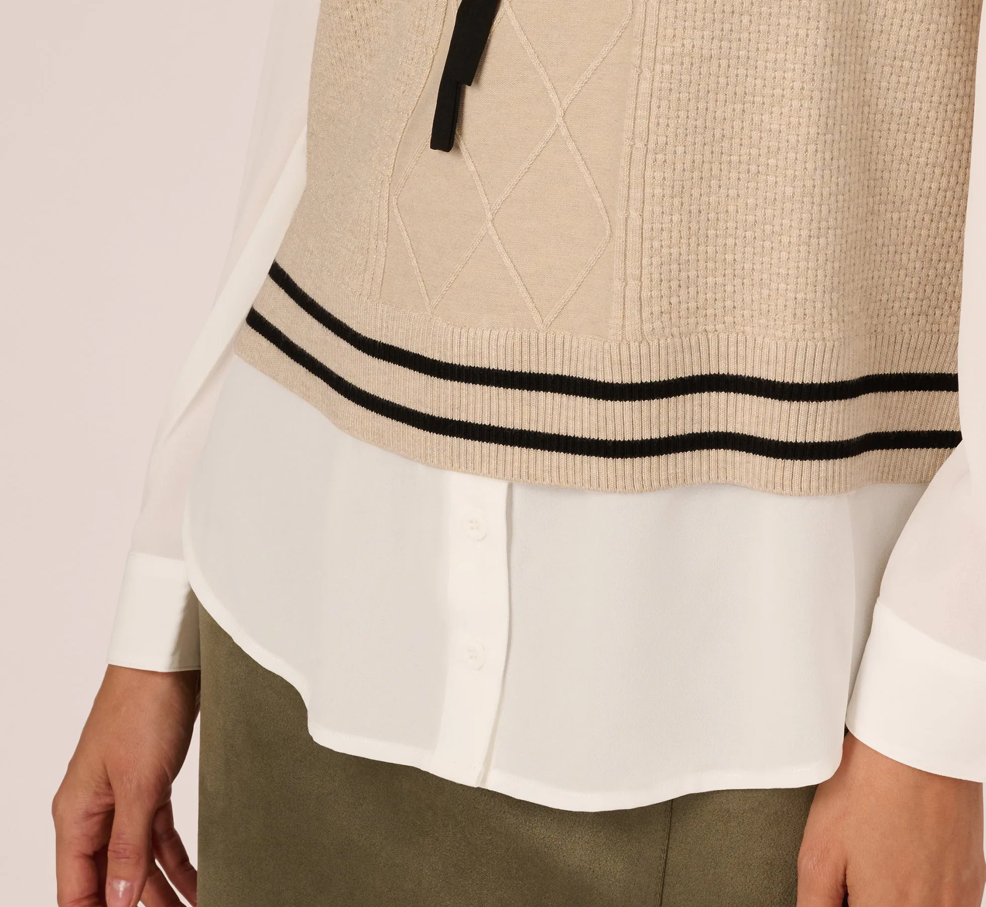 Long Sleeve Tie Neck Sweater Vest Twofer Top In Neutral Black sold by Adrianna Papell product image thumbnail 5