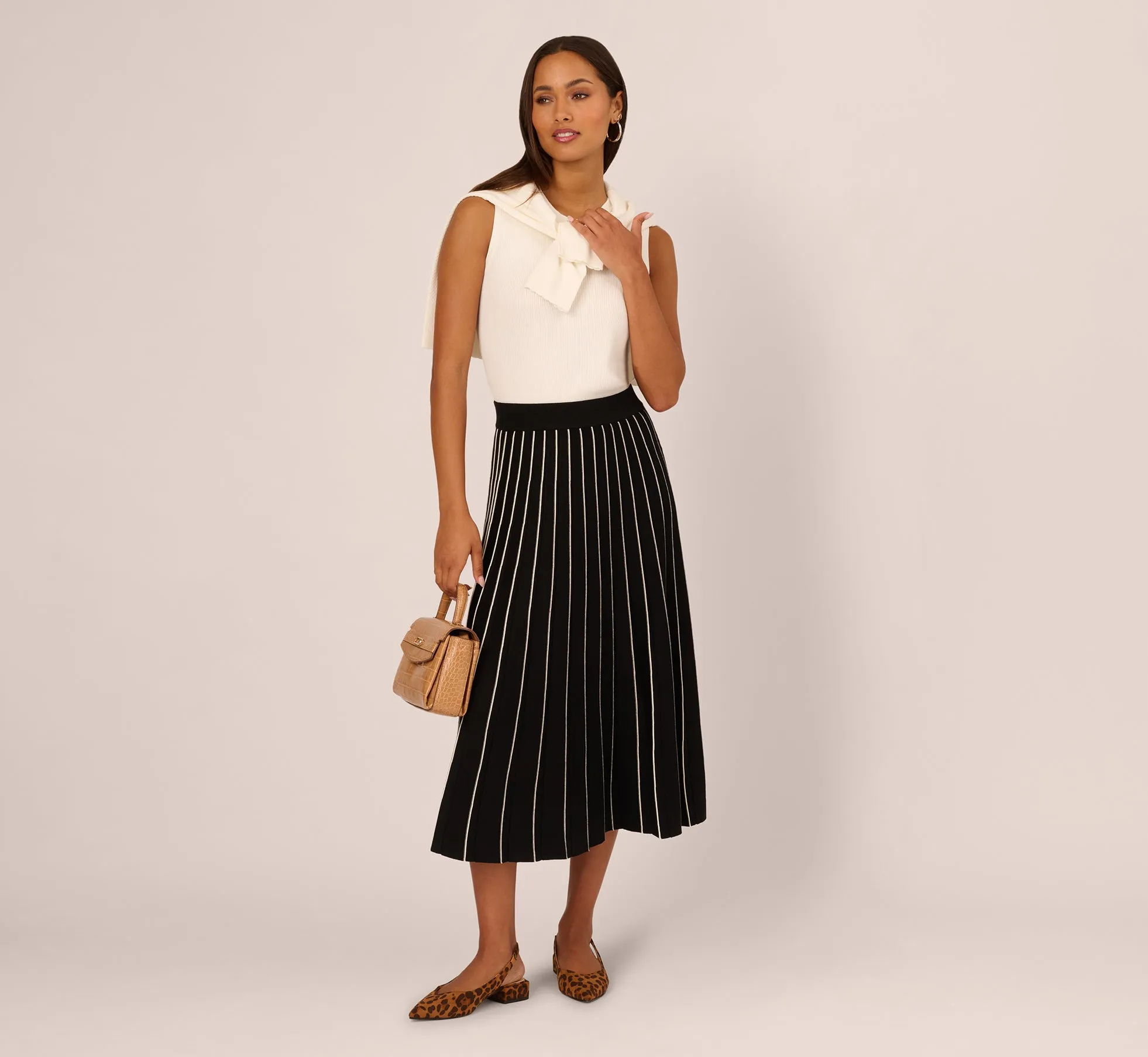 Pleated Pinstriped Knit Midi Skirt In Black Cream sold by Adrianna Papell product image thumbnail 2