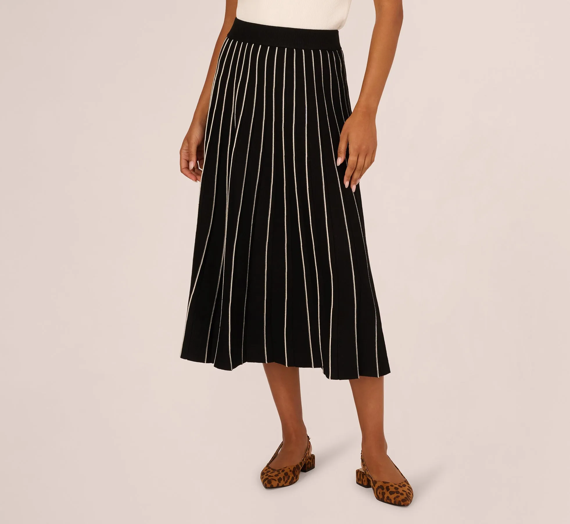 Pleated Pinstriped Knit Midi Skirt In Black Cream sold by Adrianna Papell product image thumbnail 3
