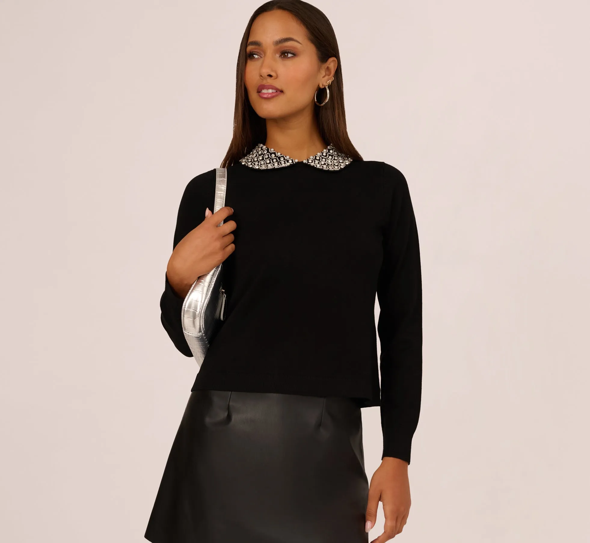 Long Sleeve Pearly Beaded Collar Sweater In Black sold by Adrianna Papell product image thumbnail 2