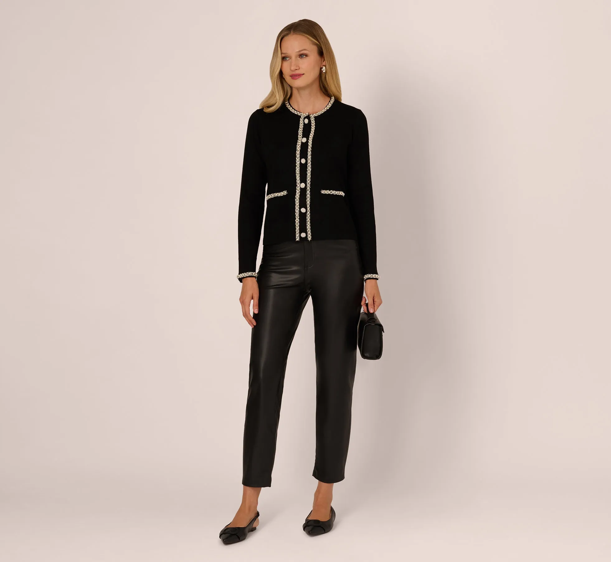 Long Sleeve Pearly Trim Cardigan Sweater In Black sold by Adrianna Papell product image thumbnail 2