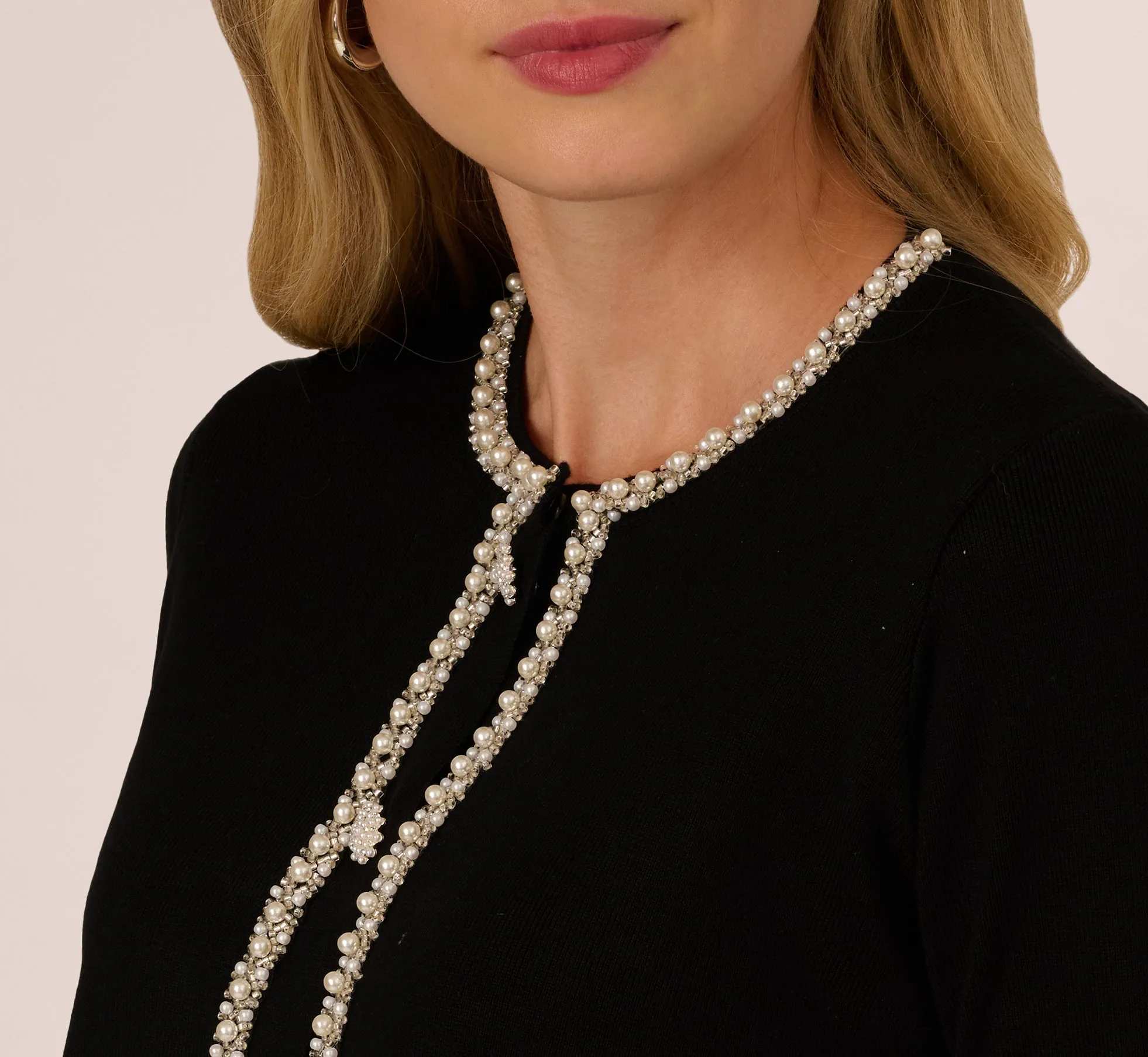 Long Sleeve Pearly Trim Cardigan Sweater In Black sold by Adrianna Papell product image thumbnail 4