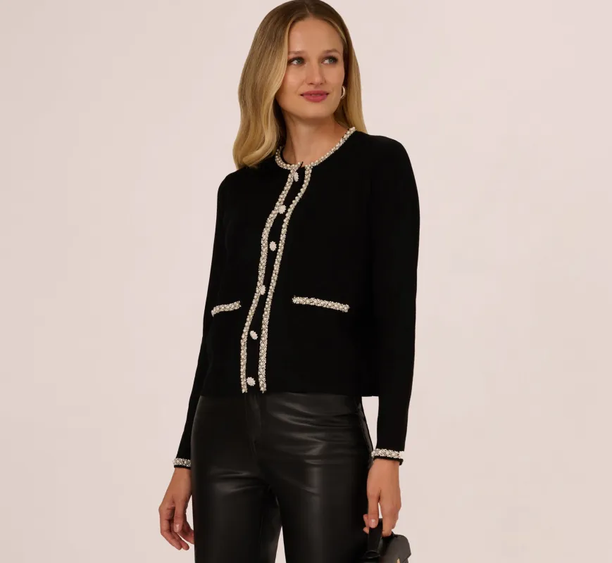 Long Sleeve Pearly Trim  Cardigan Sweater In Black made by Adrianna Papell