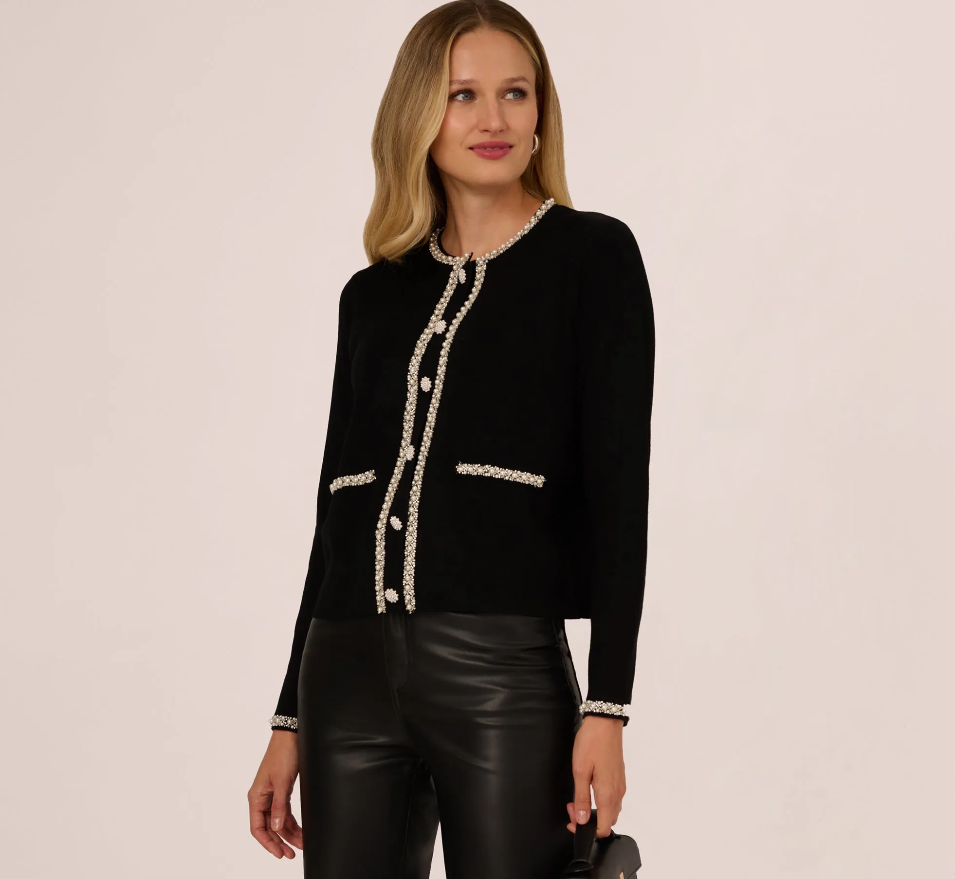 Long Sleeve Pearly Trim Cardigan Sweater In Black sold by Adrianna Papell