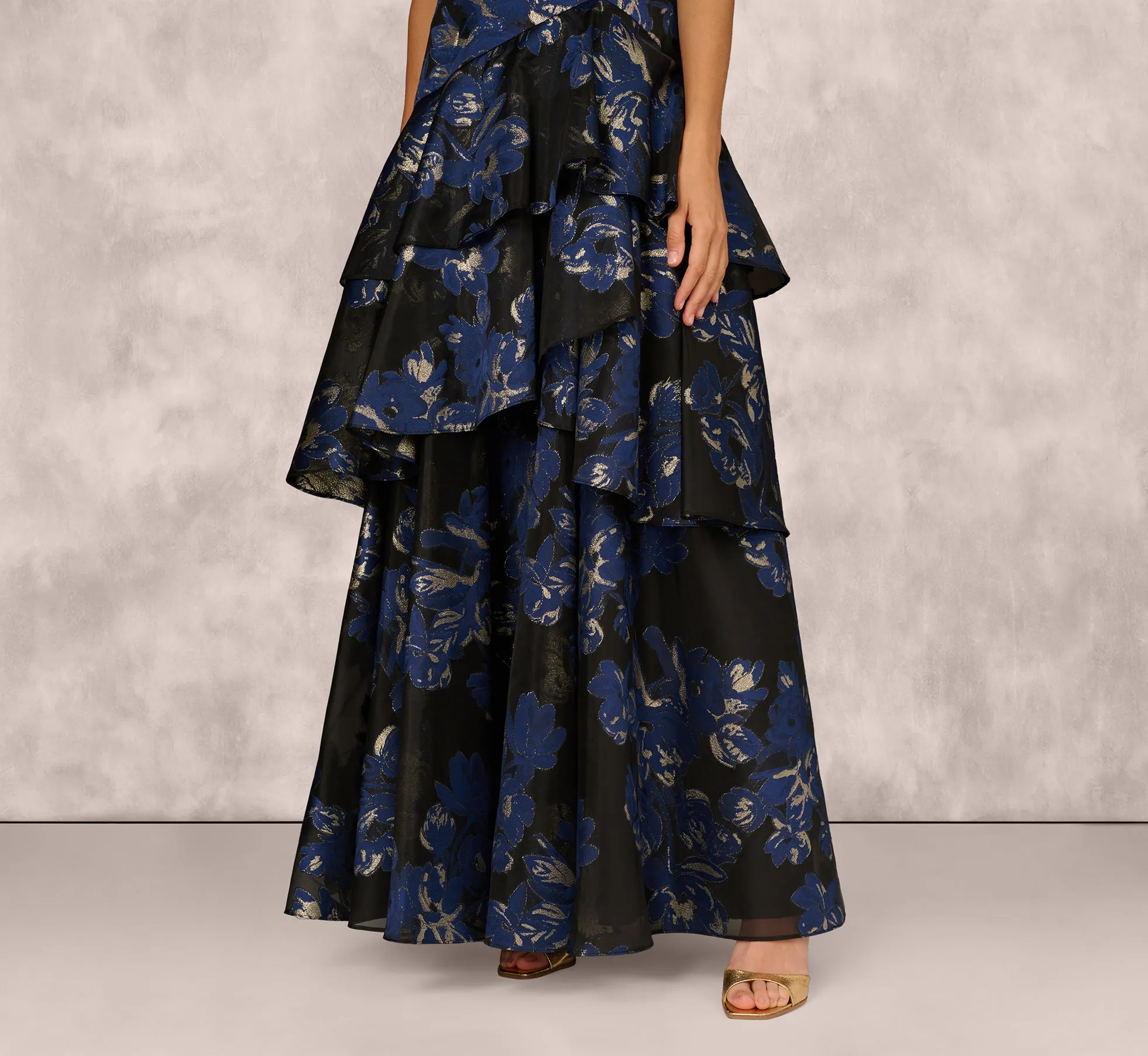 One Shoulder Floral Jacquard Flounce Ballgown In Navy Multi sold by Adrianna Papell product image thumbnail 4