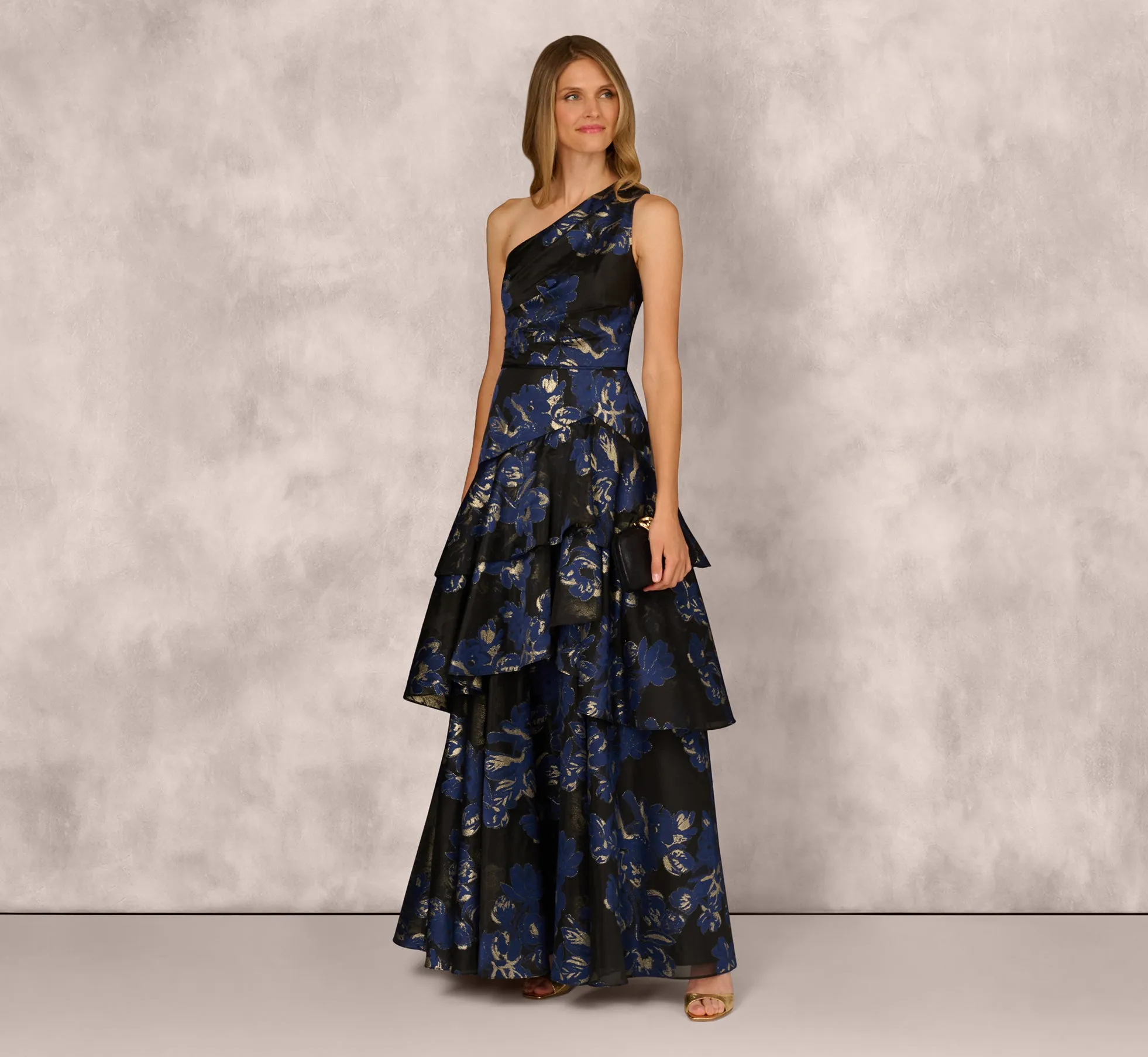 One Shoulder Floral Jacquard Flounce Ballgown In Navy Multi sold by Adrianna Papell