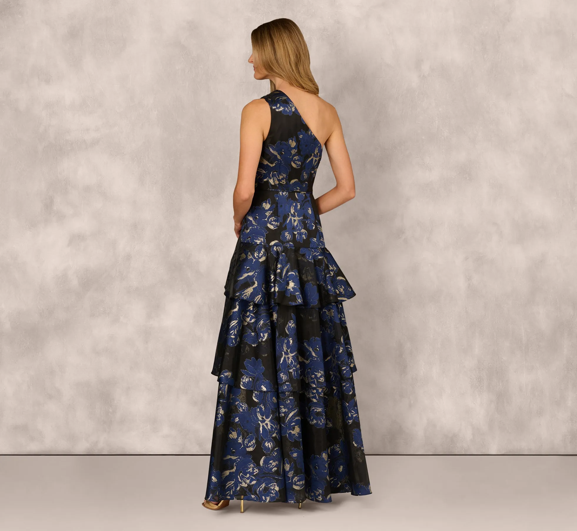 One Shoulder Floral Jacquard Flounce Ballgown In Navy Multi sold by Adrianna Papell product image thumbnail 5