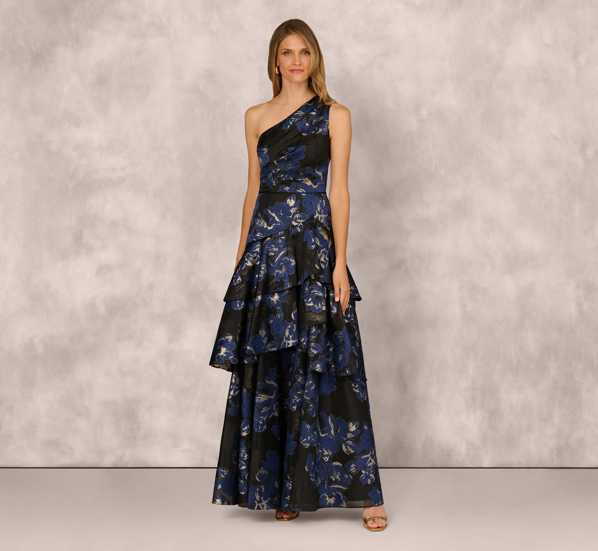 One Shoulder Floral Jacquard Flounce Ballgown In Navy Multi sold by Adrianna Papell product image thumbnail 2