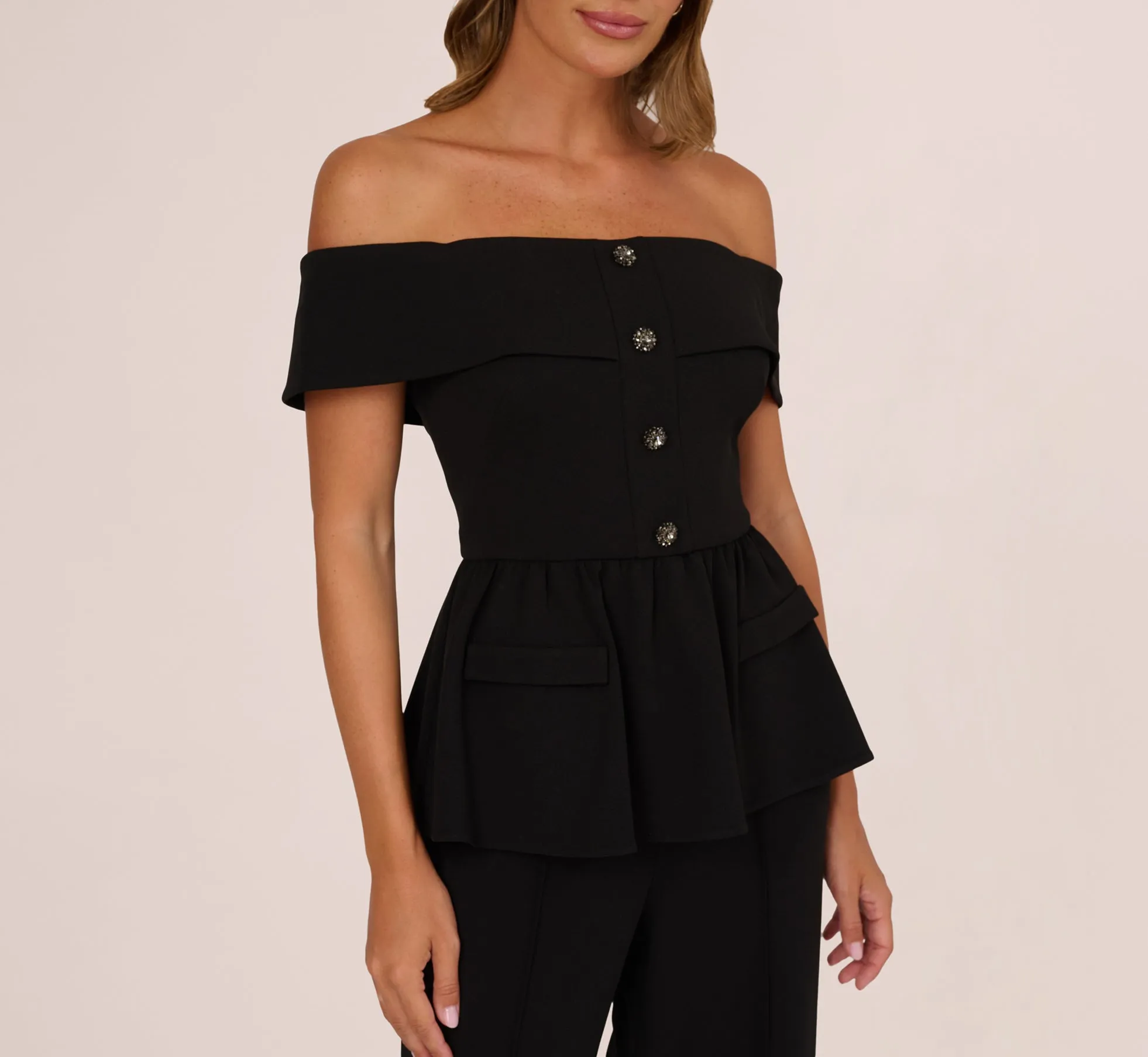 Off Shoulder Crepe Peplum Jumpsuit In Black sold by Adrianna Papell product image thumbnail 3