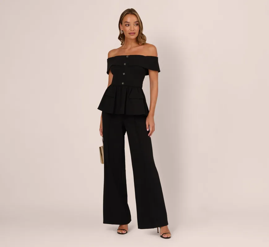 Off Shoulder Crepe Peplum Jumpsuit In Black sold by Adrianna Papell