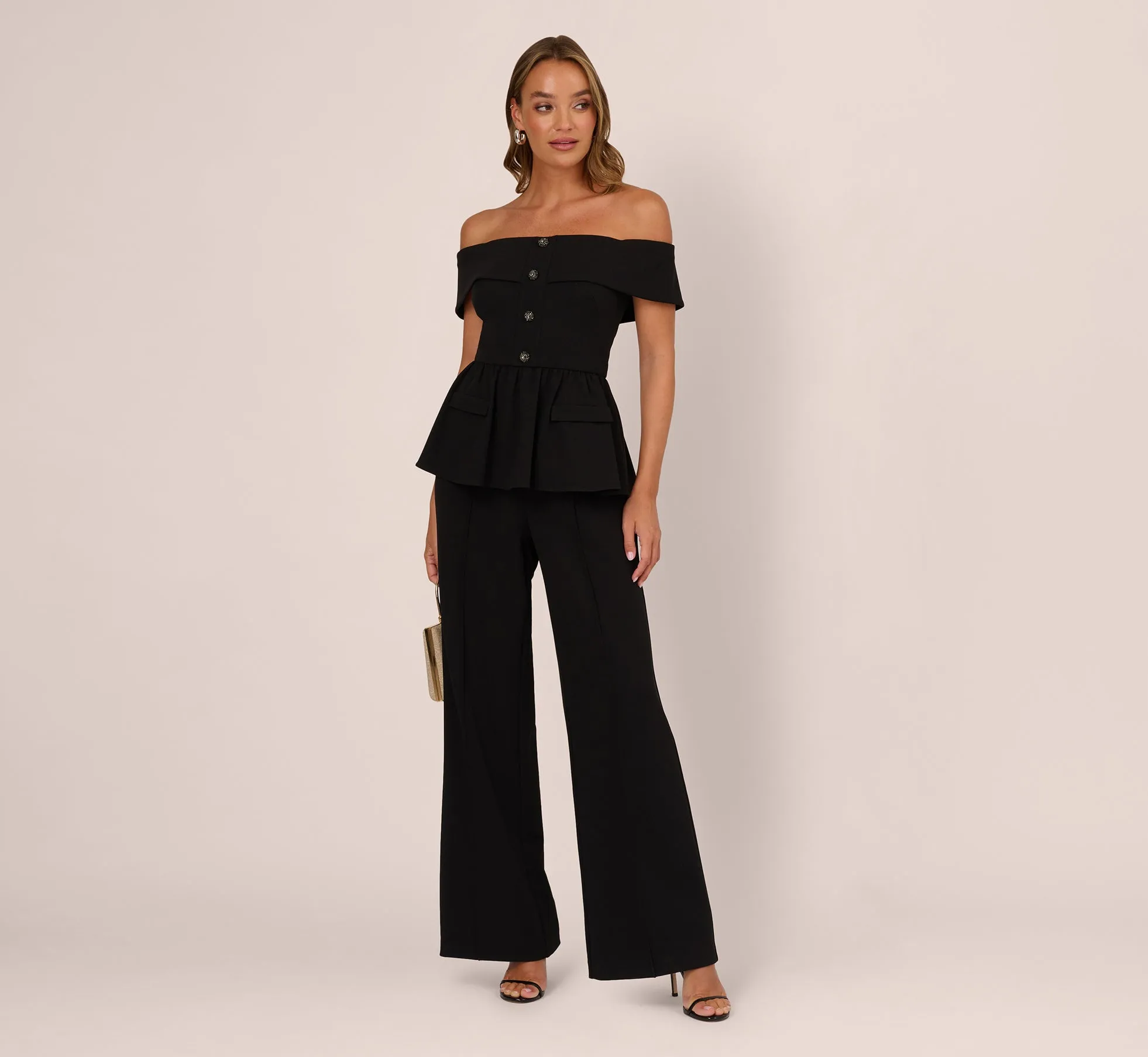 Off Shoulder Crepe Peplum Jumpsuit In Black sold by Adrianna Papell