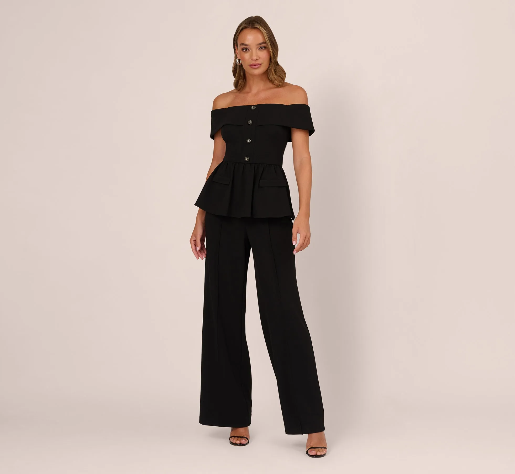 Off Shoulder Crepe Peplum Jumpsuit In Black sold by Adrianna Papell product image thumbnail 2