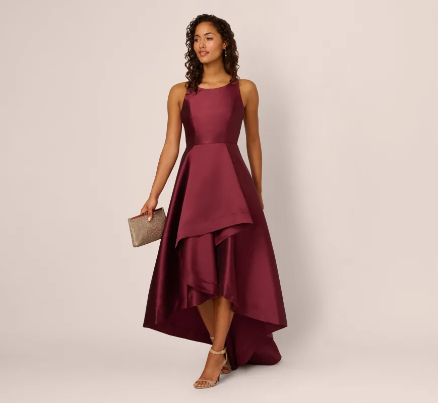 High Low Mikado Gown With Asymmetrical Detail In Garnet sold by Adrianna Papell
