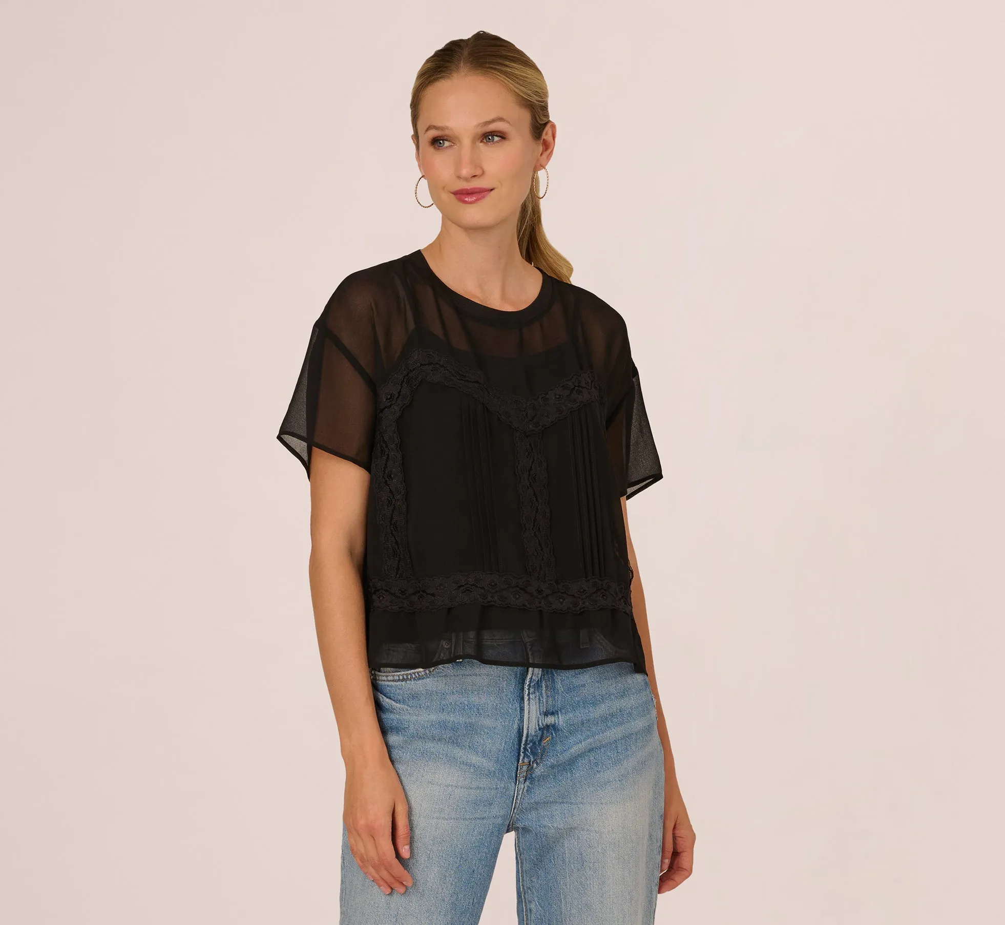 Short Sleeve Pintuck Lace Top In Black sold by Adrianna Papell product image thumbnail 3