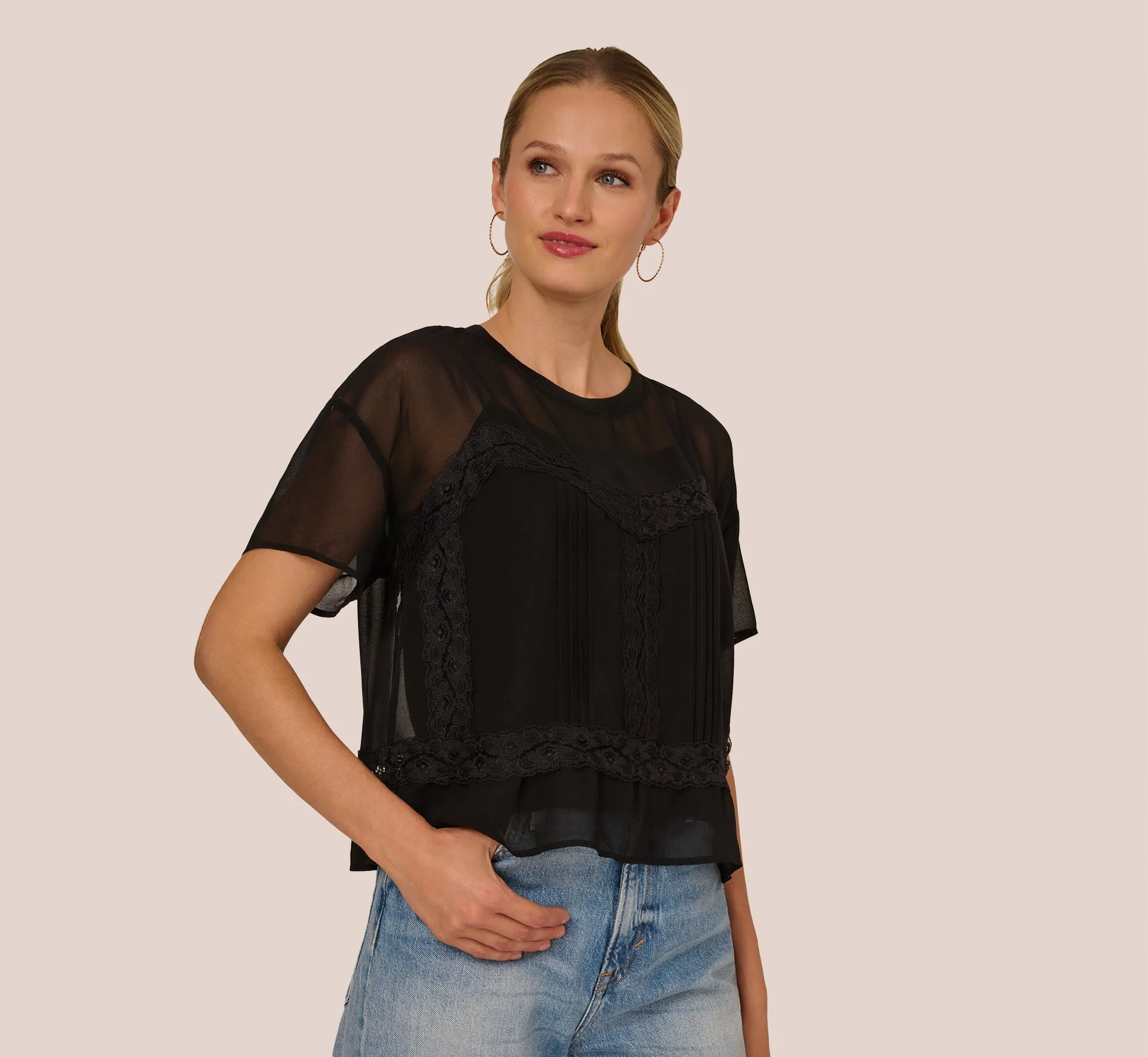 Short Sleeve Pintuck Lace Top In Black sold by Adrianna Papell
