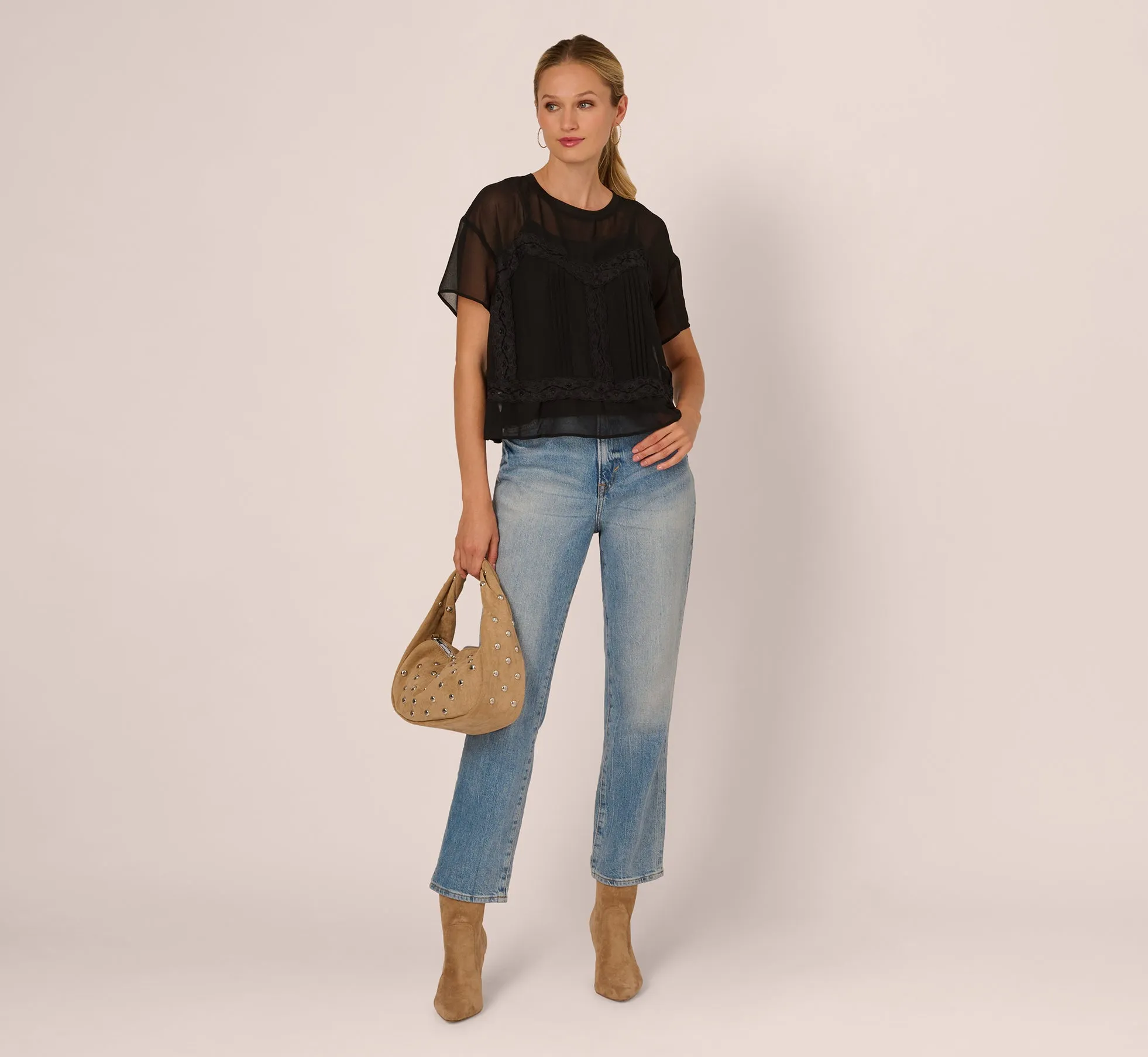 Short Sleeve Pintuck Lace Top In Black sold by Adrianna Papell product image thumbnail 2