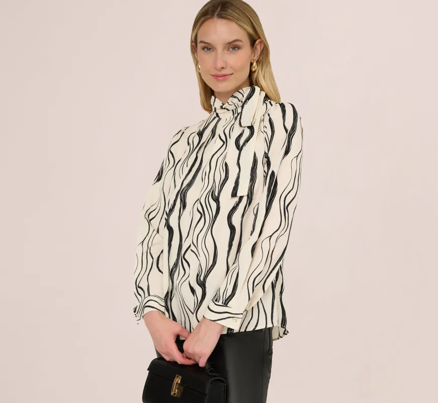 Long Sleeve Tie Neck Blouse In Ivory Black Abstract Brush sold by Adrianna Papell