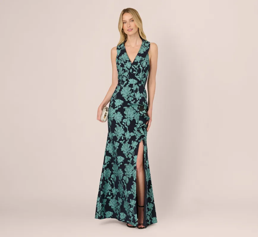 Floral Jacquard Shawl Collar Gown In Navy Multi sold by Adrianna Papell