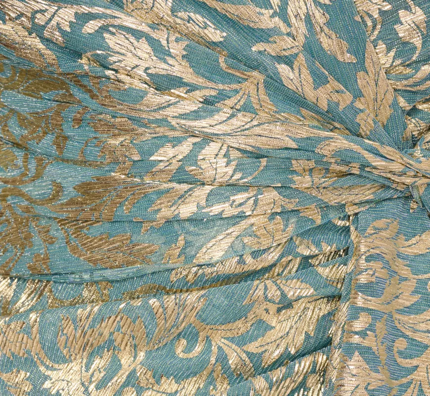 Plus Size Long Sleeve Metallic Crinkle Drape Gown In Mint Gold sold by Adrianna Papell