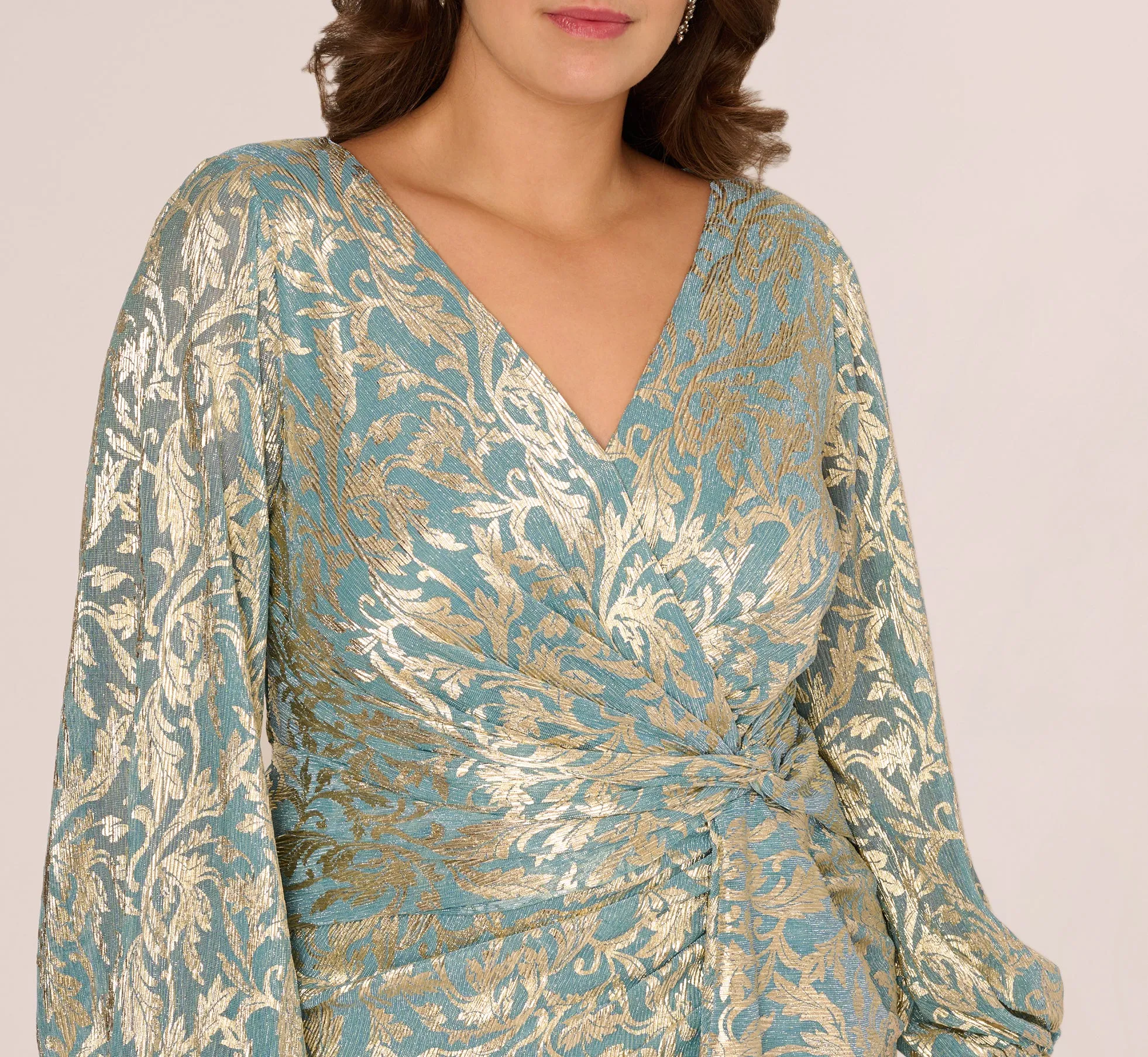 Plus Size Long Sleeve Metallic Crinkle Drape Gown In Mint Gold sold by Adrianna Papell product image thumbnail 2