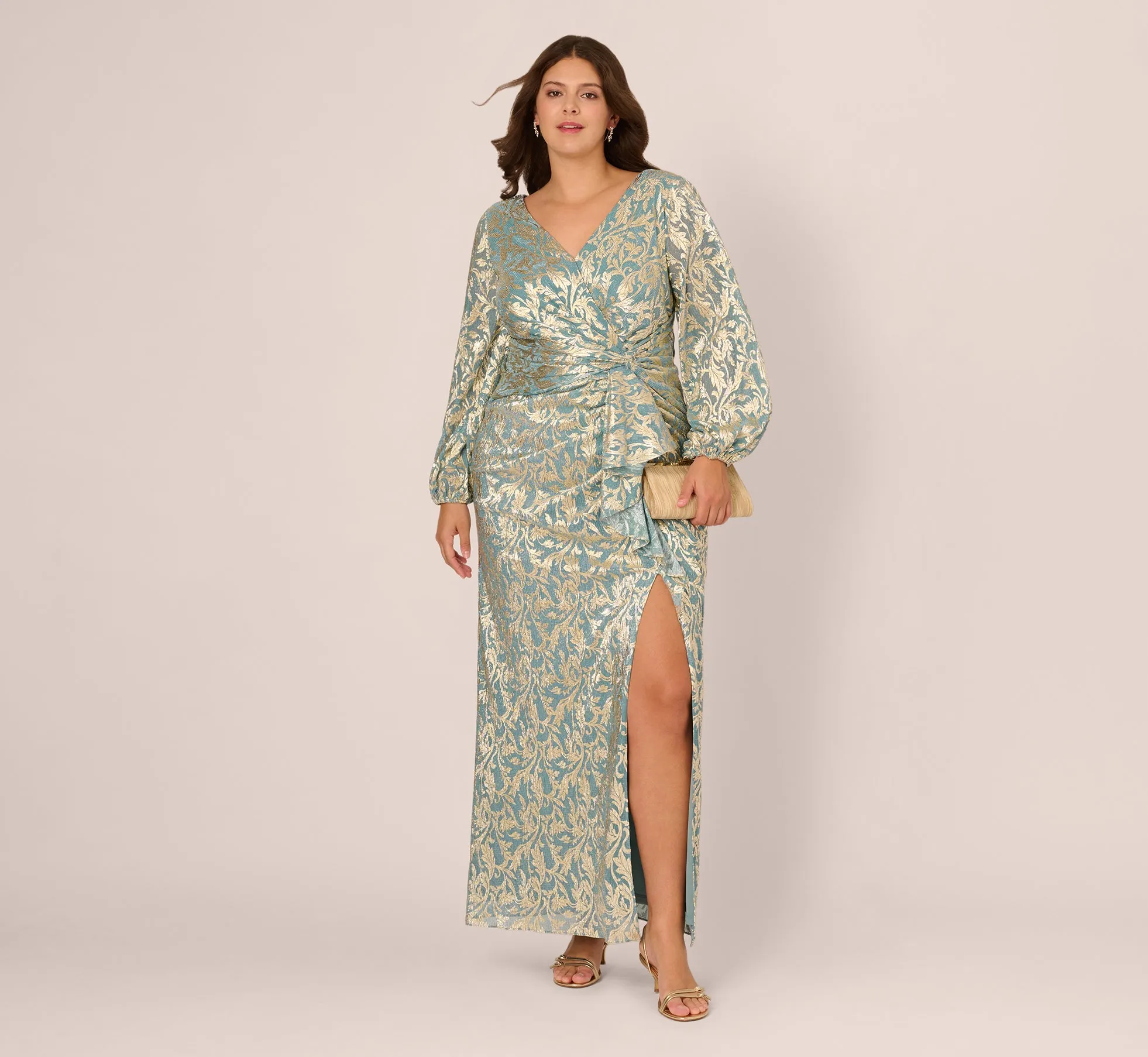 Plus Size Long Sleeve Metallic Crinkle Drape Gown In Mint Gold sold by Adrianna Papell product image thumbnail 3