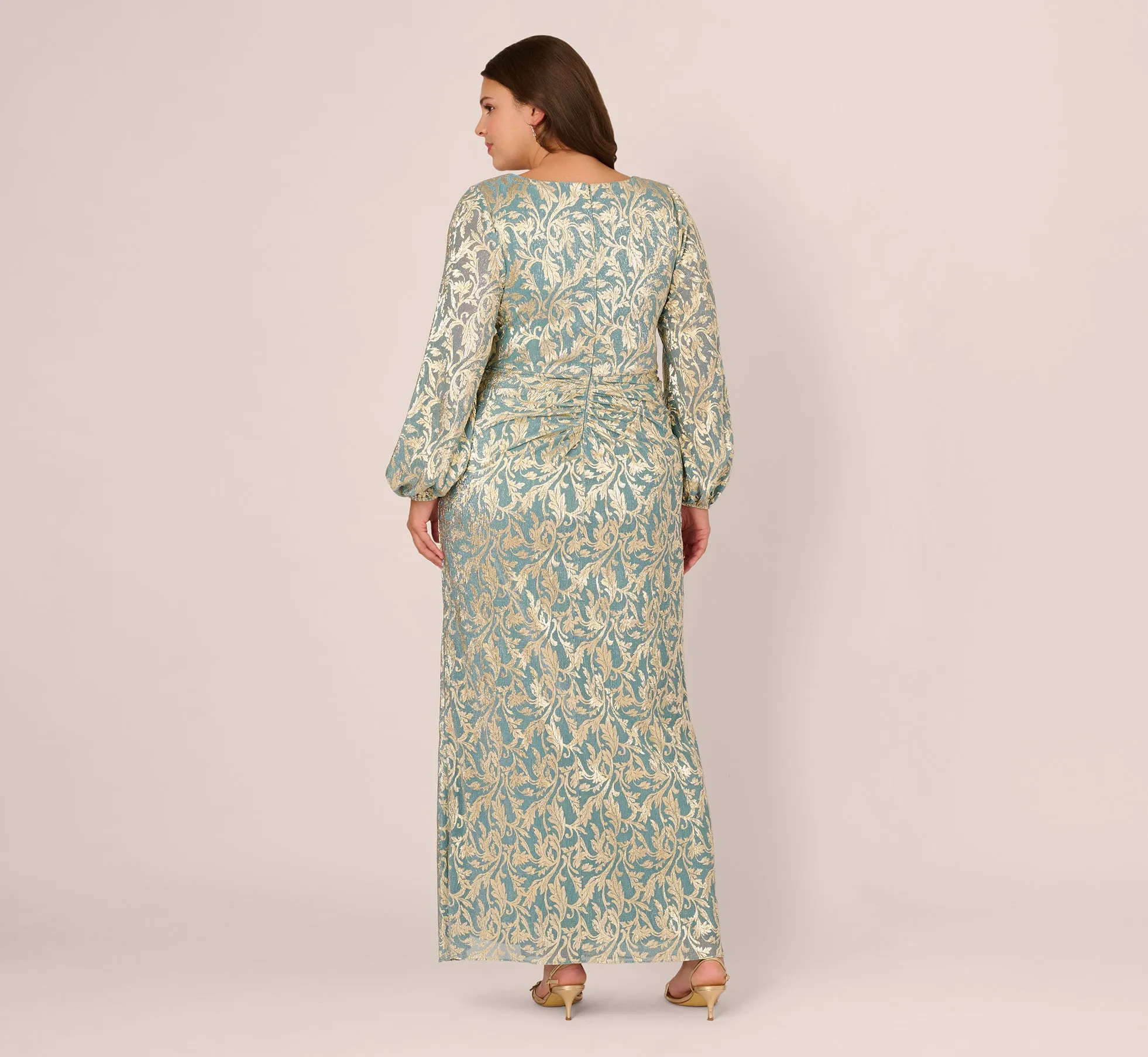 Plus Size Long Sleeve Metallic Crinkle Drape Gown In Mint Gold sold by Adrianna Papell product image thumbnail 4