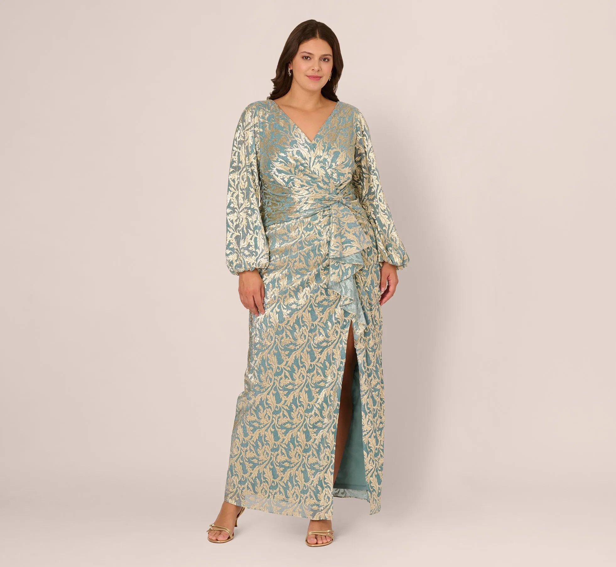 Plus Size Long Sleeve Metallic Crinkle Drape Gown In Mint Gold sold by Adrianna Papell product image thumbnail 5