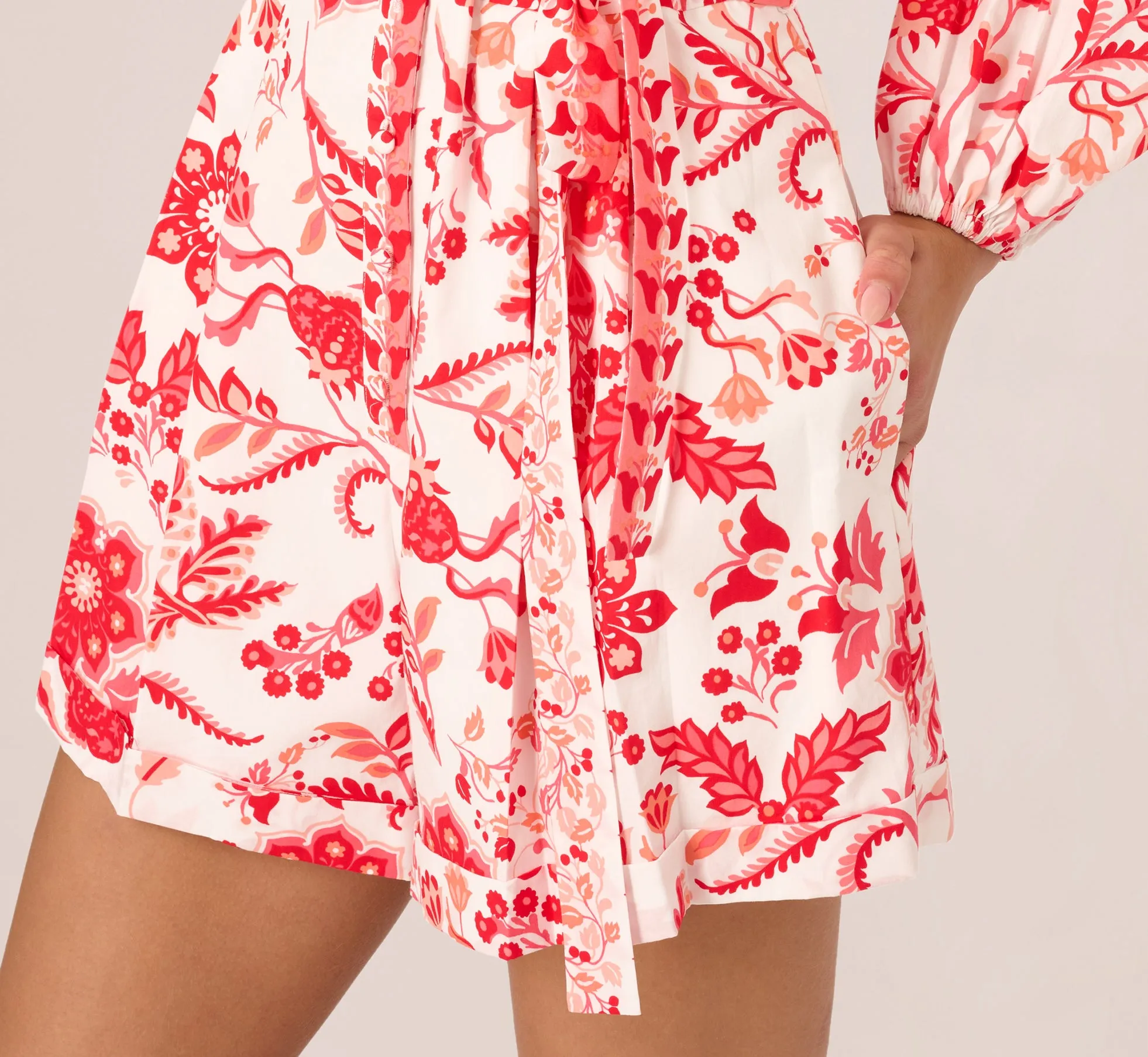 Long Sleeve Tie Front Floral Romper In White Coral Multi sold by Adrianna Papell product image thumbnail 3