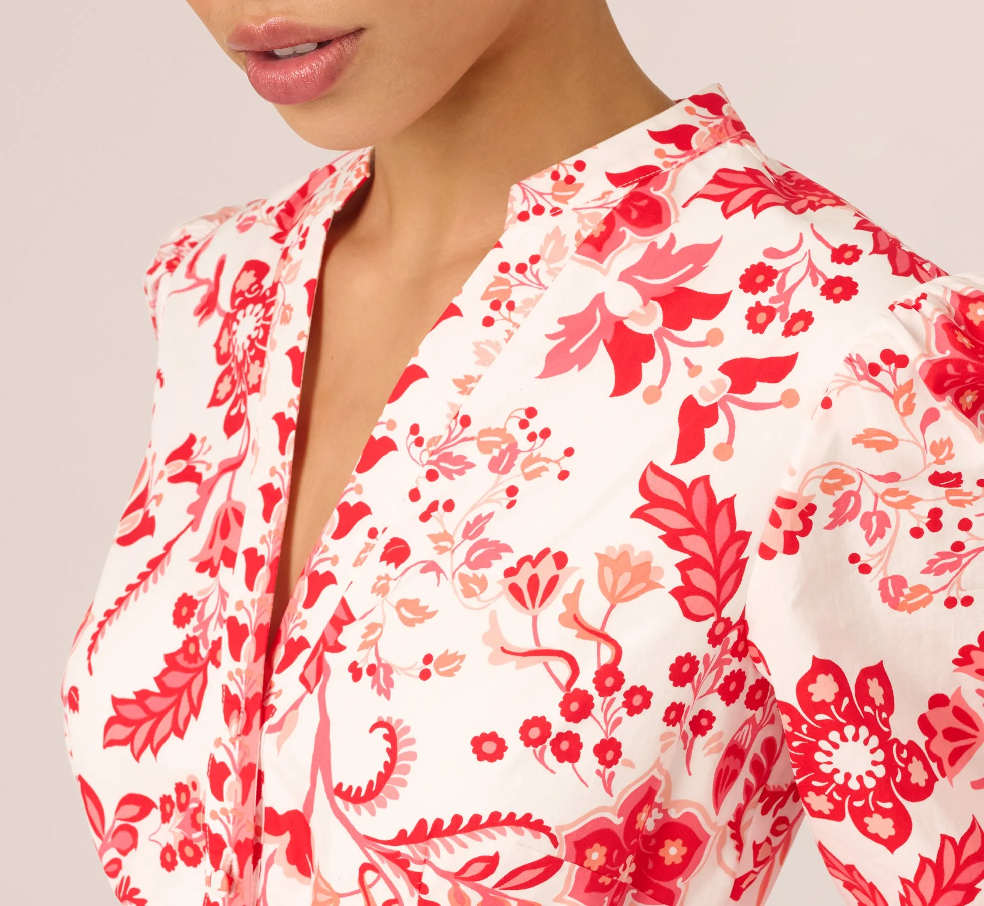 Long Sleeve Tie Front Floral Romper In White Coral Multi sold by Adrianna Papell product image thumbnail 4