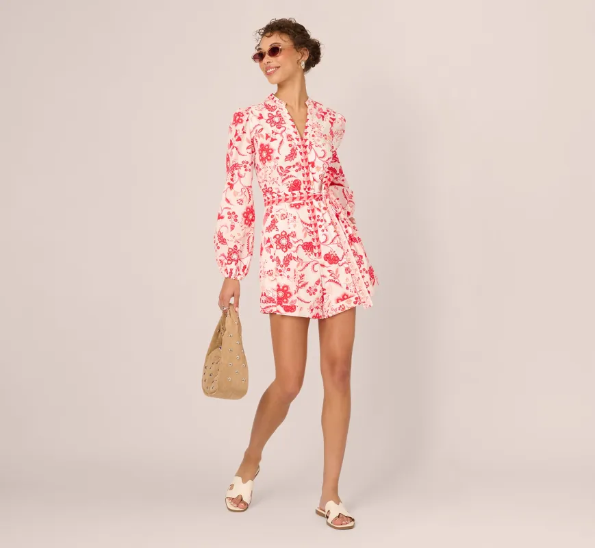 Long Sleeve Tie Front Floral Romper In White Coral Multi sold by Adrianna Papell