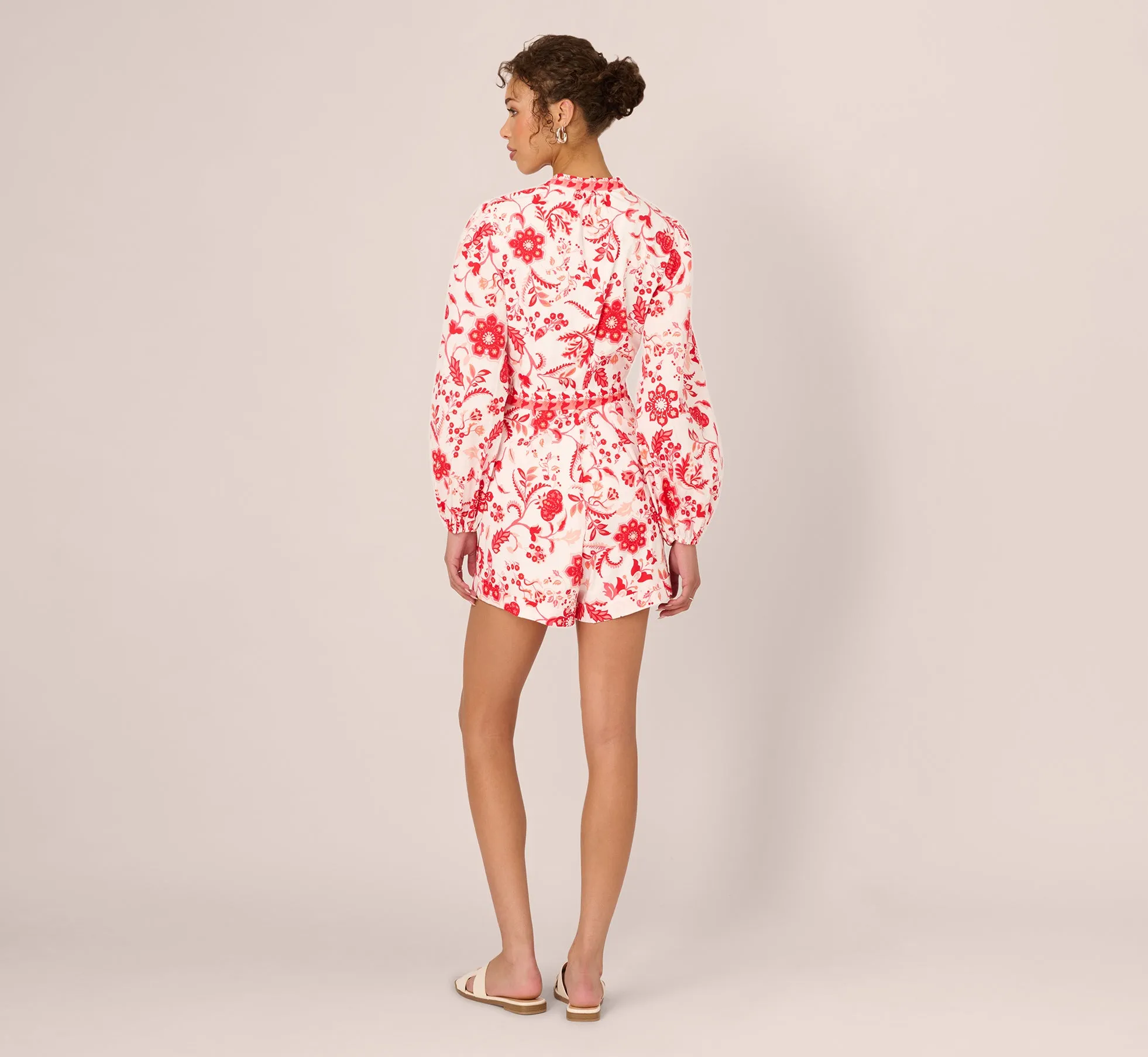 Long Sleeve Tie Front Floral Romper In White Coral Multi sold by Adrianna Papell product image thumbnail 5