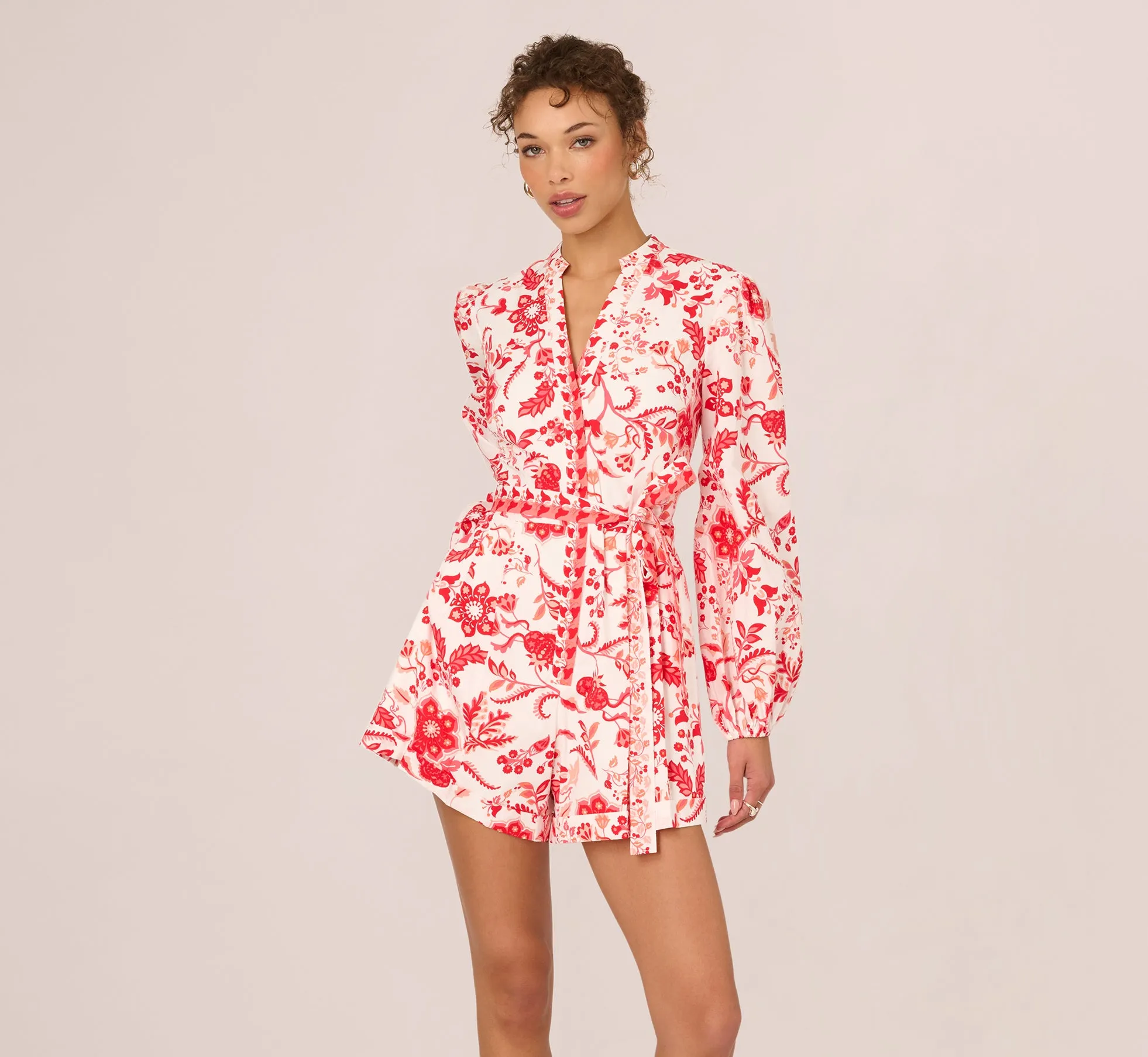 Long Sleeve Tie Front Floral Romper In White Coral Multi sold by Adrianna Papell product image thumbnail 2