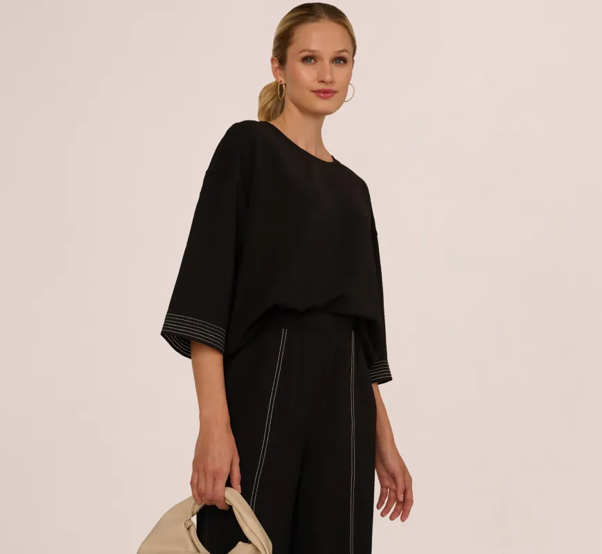 Three Quarter Sleeve Drop Shoulder Tie Waist Top In Black Ivory sold by Adrianna Papell