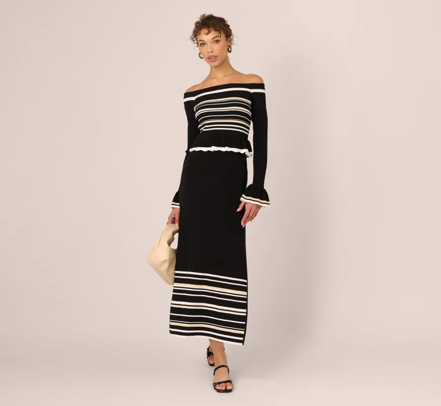 Off Shoulder Bell Sleeve Stretch Midi Dress In Ivory Black sold by Adrianna Papell