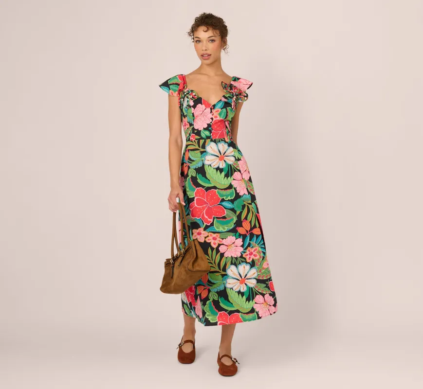 3D Tropical Floral Cotton A Line Midi Dress In Black Multi sold by Adrianna Papell