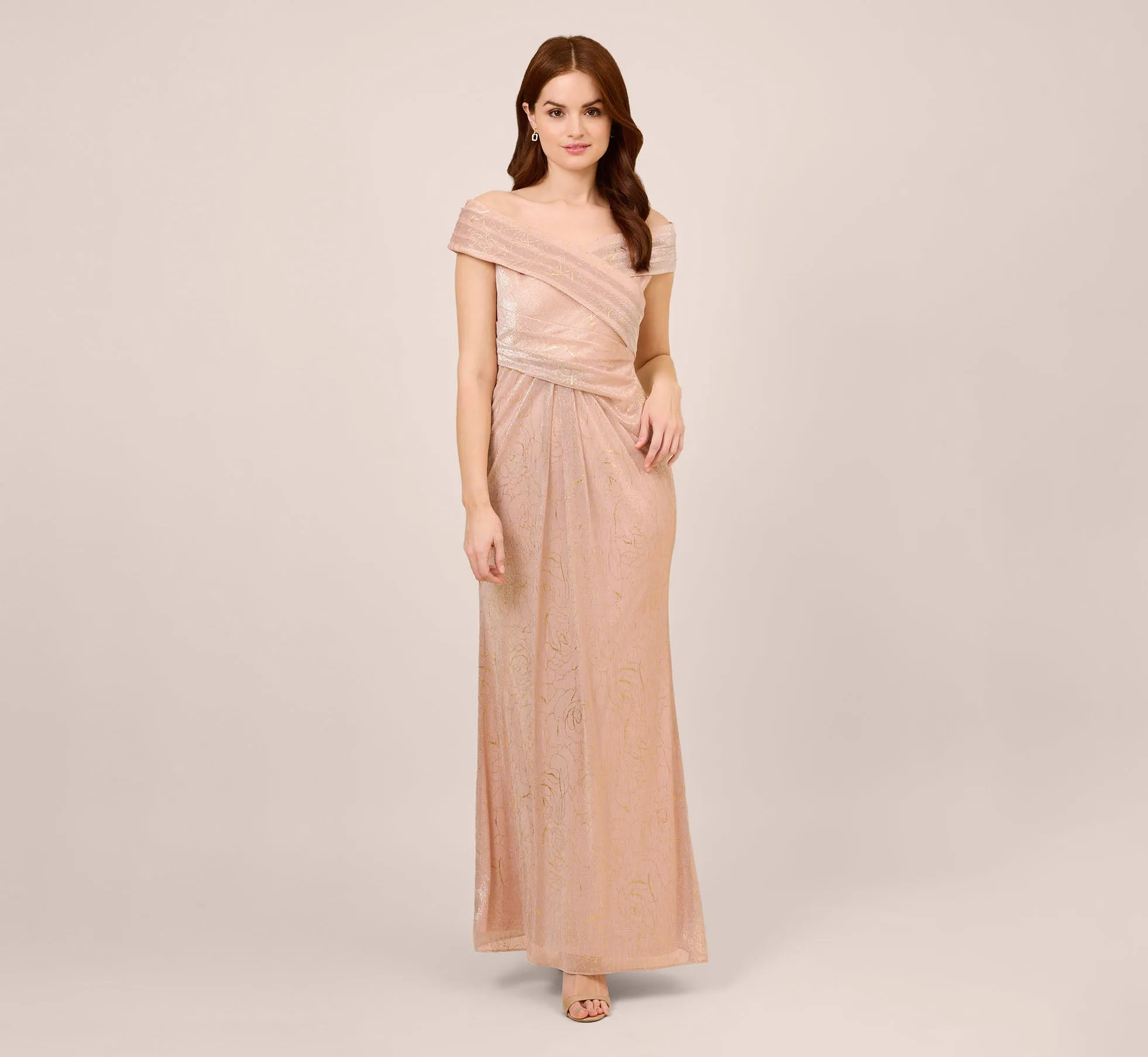 Metallic Rose Motif Off-The-Shoulder Long Gown In Rose Gold sold by Adrianna Papell